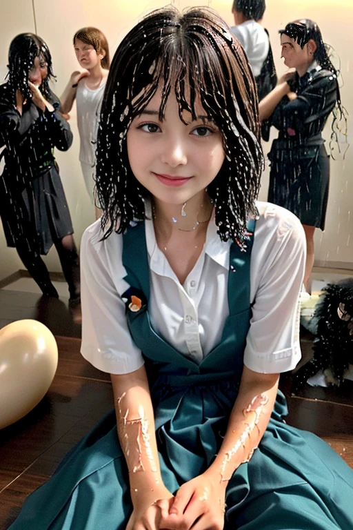 (masterpiece、top-quality、hight resolution、high detal、original:1.2)、10years old girl、thin、thin、random hairstyle、random facial expression、dark gray collar、Dark gray bow tie on hair、a smile、without makeup、(realisticlying:1.4)、Men's toilet in Japan、((facial cum shot:1.3))、((Group Bukkake:1.3))、virgin、((gang-rape:1.3))、A dark-haired、((Clothes torn:1.3))、Armpit hairy