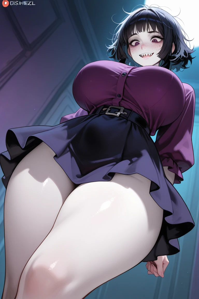 (Masterpiece, Best Quality, High Quality:1.4), (professional artwork, extremely detailed girl:1.0), 8k, detailed eyes, perfect face, 1girl, (voluptuous, mature female, plump, large lips:1.2), wide hips, thick thighs, heavy makeup, top heavy, bursting breasts:1.4), (skindentation, long eyelashes, dark eyeshadow, looking at viewer, bright eyes, close up, crazy smile, crazy eyes, from front, huge ass, smug smile, panties, showing panties, up skirt, skirt