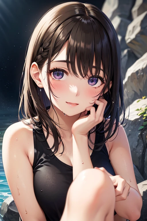 one-girl，10years old，having fun，Close-up of people，Top-down view，Close-up，short detailed hair，Black hair，Black bra，swim wears，Bust photo，The upper part of the body，比基尼，body curve，Purple eye，(Small breasts 1.3)，looks into camera，sportrait，closeup cleavage，Be red in the face，ssmile，brassier，beachside，sandbeach，​​clouds，The tree