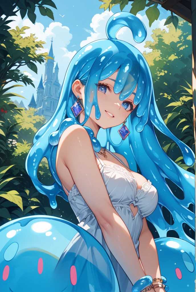 ((highest quality)),(ultra high resolution),(Super detailed),(detailed description),((best CG)),(best work of art),super precision art,amazing drawing art,(Fantasy art with precise details:1.5), (one fountain spirit:1.5),(beautiful and well-shaped face:1.5),Eyes full of compassion:1.5,(bright light blue eyes:1.5),(Shiny blue straight long hair:1.6),(A silk chiton with a precise and detailed depiction that shows the body line clearly.:1.6),(big breasts:1.6),((tiara:1.6)),shining jewel:1.4,thin waist:1.3,Beautiful leg lines:1.5,(standing on the surface of the fountain:1.6), (A clear spring in the deepest part of the forest depicted in precise detail:1.4),soft and warm sunlight:1.6,flowers swaying in the breeze:1.4,animals at peace:1.3
