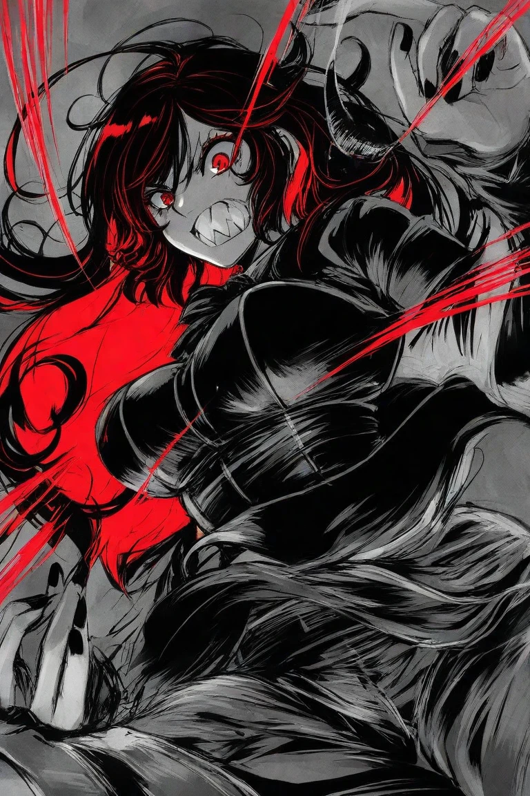 Carol, canine, ghost, anthro, female, solo, full body, long black messy hair hair, (blood on clothing), red blood, ragged clothes, halftone, scar, smile, wide eyed, monochrome, by hladilnik