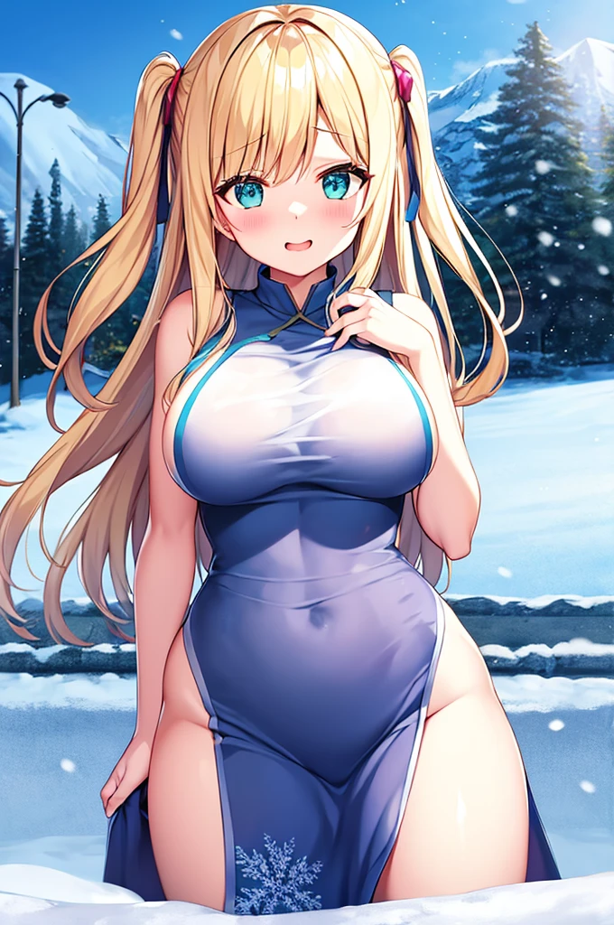 KAGAMINE RIN, long HAIR, BOW, blonde hair., large breasts,, empty eyes , nipple, Running, Heavy snowfall area, frozen, wet, Crying, mountain, solo, Smile, Nude, naked, 1girl, , Peeing, lactation, projectile lactation