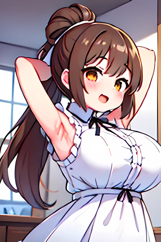 16k,1girl, Satono diamond \(umamusume\), umamusume, yellow eyes,big breast,thick thighs, , sailor collar, bowtie, purple shirt, sailor shirt, short sleeves, white skirt, white thighhighs,arm up,armpit focus,breast focus,blush, :o,natural lighting, (masterpiece, best quality), detailed scenery,looking view,(heart in eyes,heart,Heart Eyes),pov,white background
