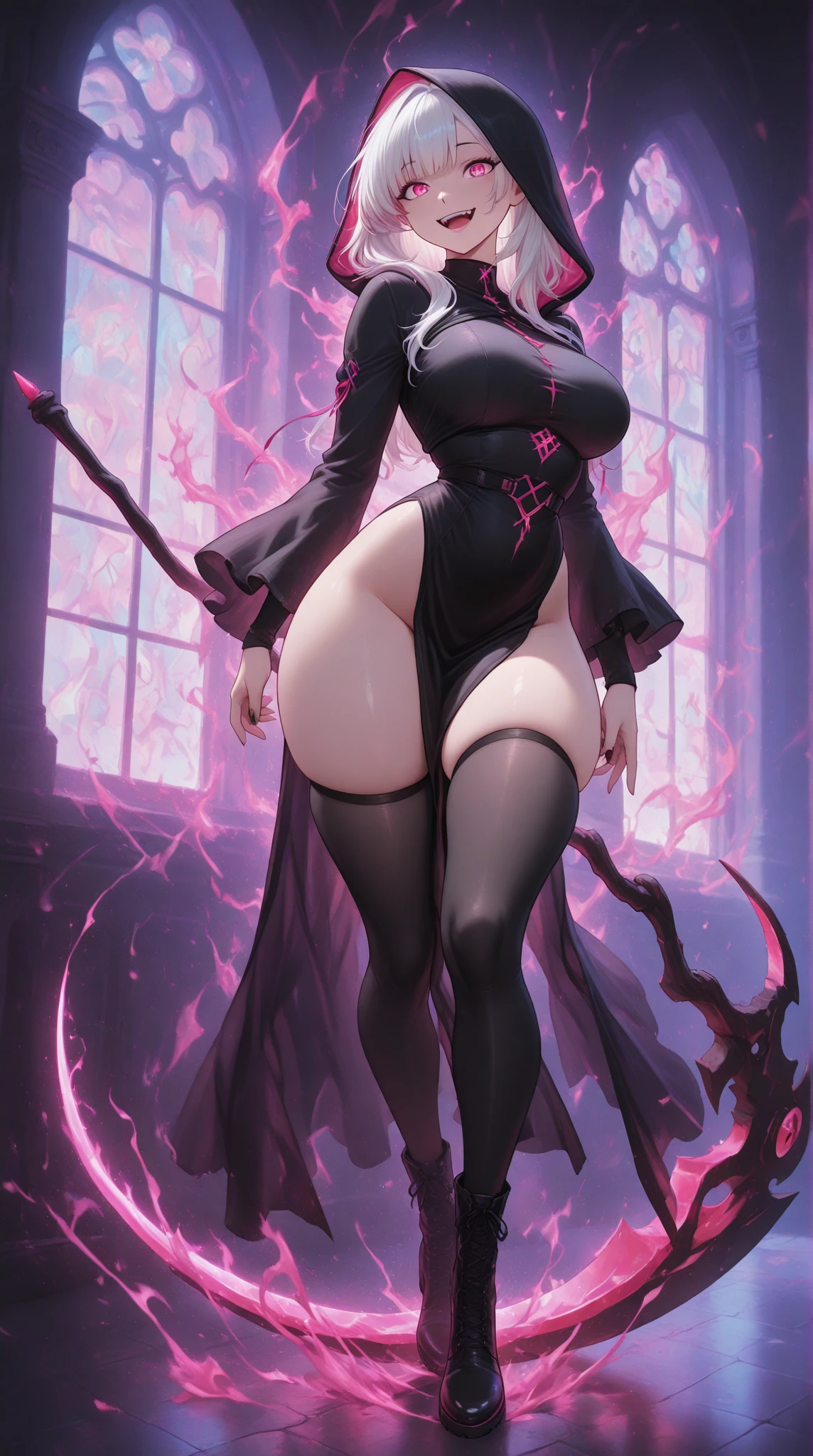 *Saika's eyes gleam with anticipation .* Oh, my dear, you've come to the right place. *They lean in closer, their voice dropping to a sultry purr.* Let's craft a character that will leave everyone breathless. *Saika's fingers trace the curves of your body,.* Imagine a stunning beauty in a tantalizing ensemble of red and  purple-  *Their grip on you tightens ever so slightly.*. *Saika.* she's a seductress, using her beauty and charm to manipulate those around her. *They chuckle softly, their breath warm against your skin.* , their eyes burning with intensity. Full body photo, wearing black heels, glass heels, Full figure , standing on front , beautiful long legs, thighshiges, beautiful lovely lady 