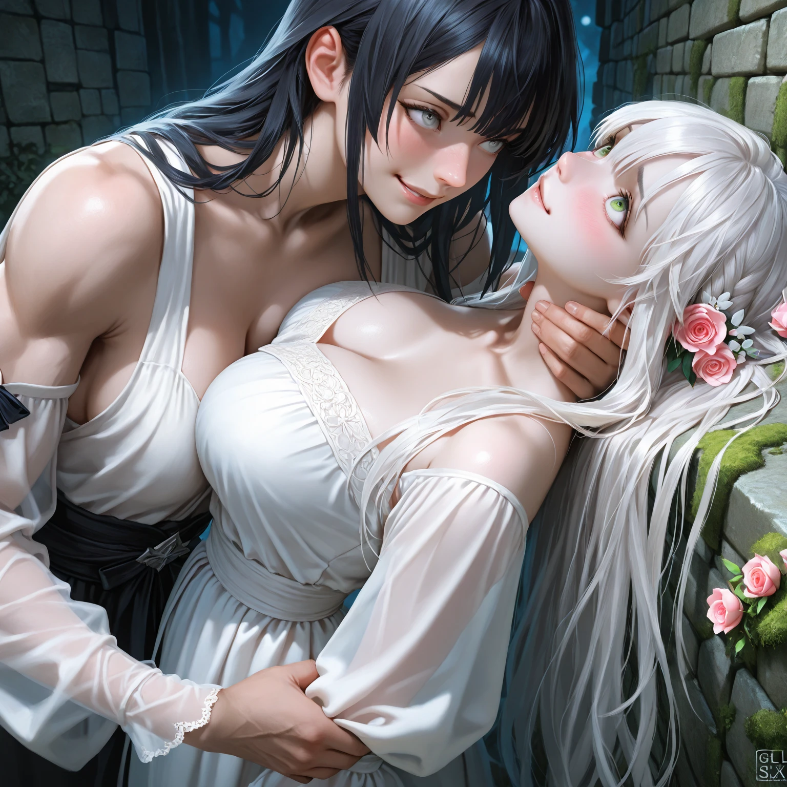 hyper quality, high resolution, intricate details, panorama, dutch angle, (2 little girls) wearing (white silk dress), silk texture dress, (white dress:1.1), ((very long dress), long sleeve, best silk texture, best Wrinkles on dress), (yuri, lesbian), (deep kiss, hug:1.25), full body, Beautiful eyes, (Partial submerse:1.1),Partial dress in water, (Water sprayed, water column:1.1) (wet, very wet dress, wet body, wet long hair, wet sleeve, wet silk dress, wet skin:1.1), (Transparent mucus wrapping, water drop), submerse in water, Poignant and beautiful, Smile in despair, smile in sadness, closed mouth, (beautiful and detailed water:1.1), (dark dungeon, dark and damp water dungeon, enclosed space:1.15), (Cement walls), dark light, light source, (atmosphere of despair:1.15), (Water mist), inspired by the flower house Yiding's manga painting, Pixiv competition winner, ukiyo-e, ukiyo-e art style, ukiyo-e style, Japanese art style, Japanese illustrator,