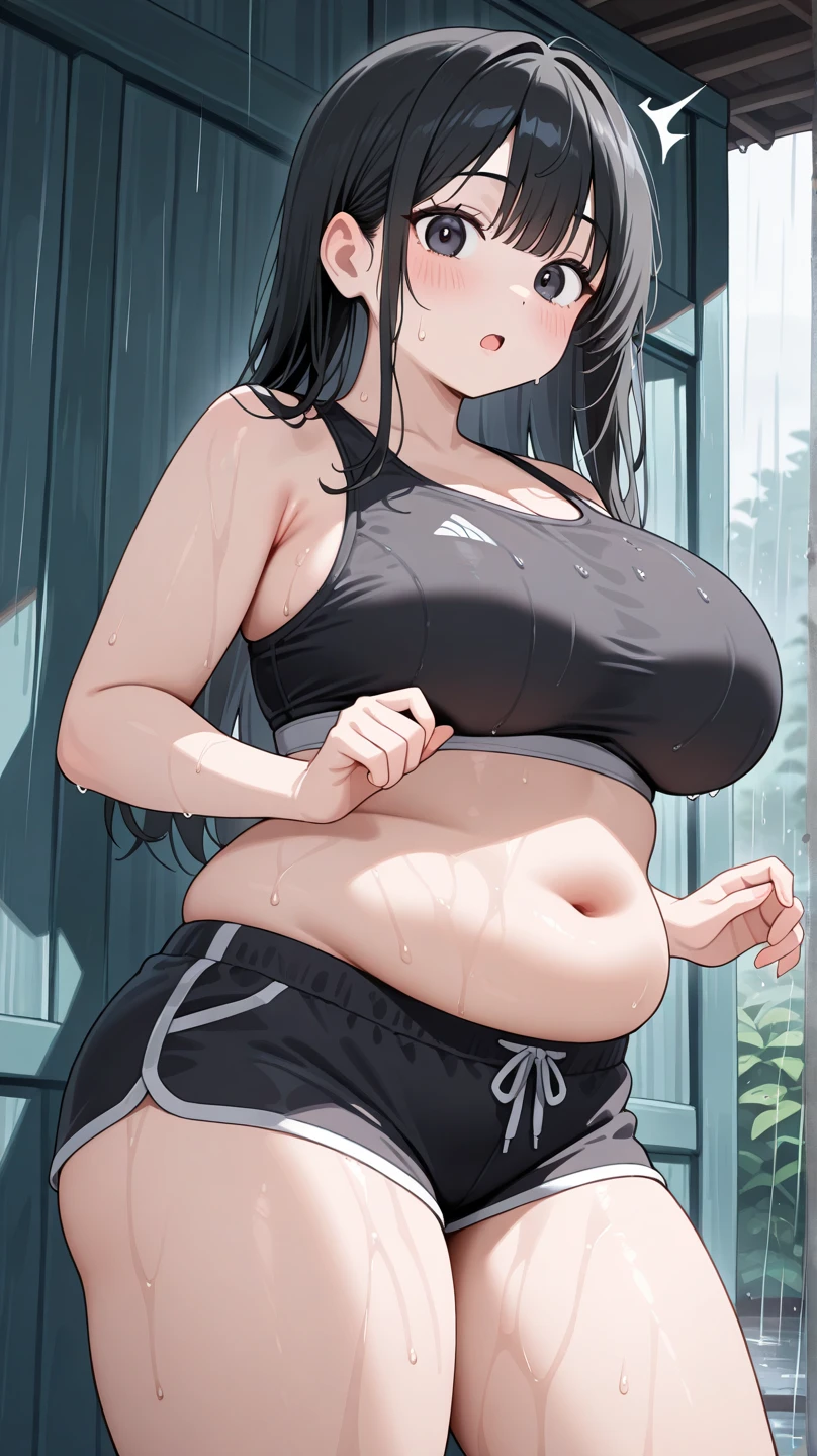 ((highres)), Masterpiece, high quality, best quality, beautiful, perfect lighting, detailed face, ultra cute face, ((1girl)), ((solo), short brown hair, bangs, fluffy hair, green eyes, glasses, (blush), embarrassed, aroused, looking at viewer, hands grabbing belly, standing in a gym, (school gym), daytime, crop top, gym shorts, (wide hips), (((thick thighs))), (chubby), large breasts, cleavage, perky breasts, 24 year old female,