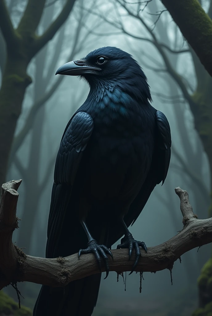 realistic photography of a cute adult magical raven with ominous caw in an enchanted wonderland, beautiful whimsical fantasy art concept, detailed background, glowing particles, intricate details, ultra sharp, realism
