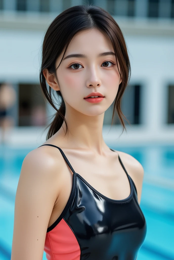 Pool at night,bikini swimwear,One woman,fully body photo,masutepiece, The highest image quality, High quality, the background is clear,Beautiful woman, Japanese, Detailed, Detailed eyes, Detailed skin, Beautiful skin, 超hight resolution, (reality: 1.4),Very beautiful woman, Slightly younger face, Beautiful skin, slender, (Ultra photo realsisim), (hight resolution), (8K), (Very detailed) (beautifully detailed eyes), (super detailed), (Detailed face), view the viewer, Fine details, Detailed face, Staring straight ahead, Staring straight ahead, photos realistic, Bright lighting, Professional Lighting, Black hair,poneyTail,a baby face,sixteen years old,Hairstyle: ponytail,Long ponytail hairstyle,slight smile,