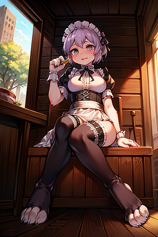(A masterpiece of image quality in 8K),(from below:1.2),(Beautiful Allafed Woman),(((emphasizing breasts:1.0))),(Dynamic angles),(Dynamic and sexy bending pose:1.3),(sit a chair:1.3),(Short hair in shiny silver and orange inner colors,(perky chest:1.1), (pointed chest:1.3),small full breasts,Disturbance of clothing due to movement,breast slip,(Ponytail twisted buns adorned with elaborate braids and beads,Braided Setup Fishbone Hair,),(see-through bangs),small breasts、(((A white lace apron that shows your bare skin from under your small breasts)))、Blush with embarrassment、Enraptured eyes、A smile that beguiles the viewer、(Look back:1.2)、Look into the photographer,skin glistening with sweat,gazing at viewer,,(Professional Lighting),(8K,masutepiece,top-quality,Ultra-high resolution output image,),(Ultra HD with complex detail image modes),depth of fields,Beautiful hands,Beautiful fingers,Detailed finger features,(Detailed hair features:1.7),detailed facial features,detailed clothes features,

