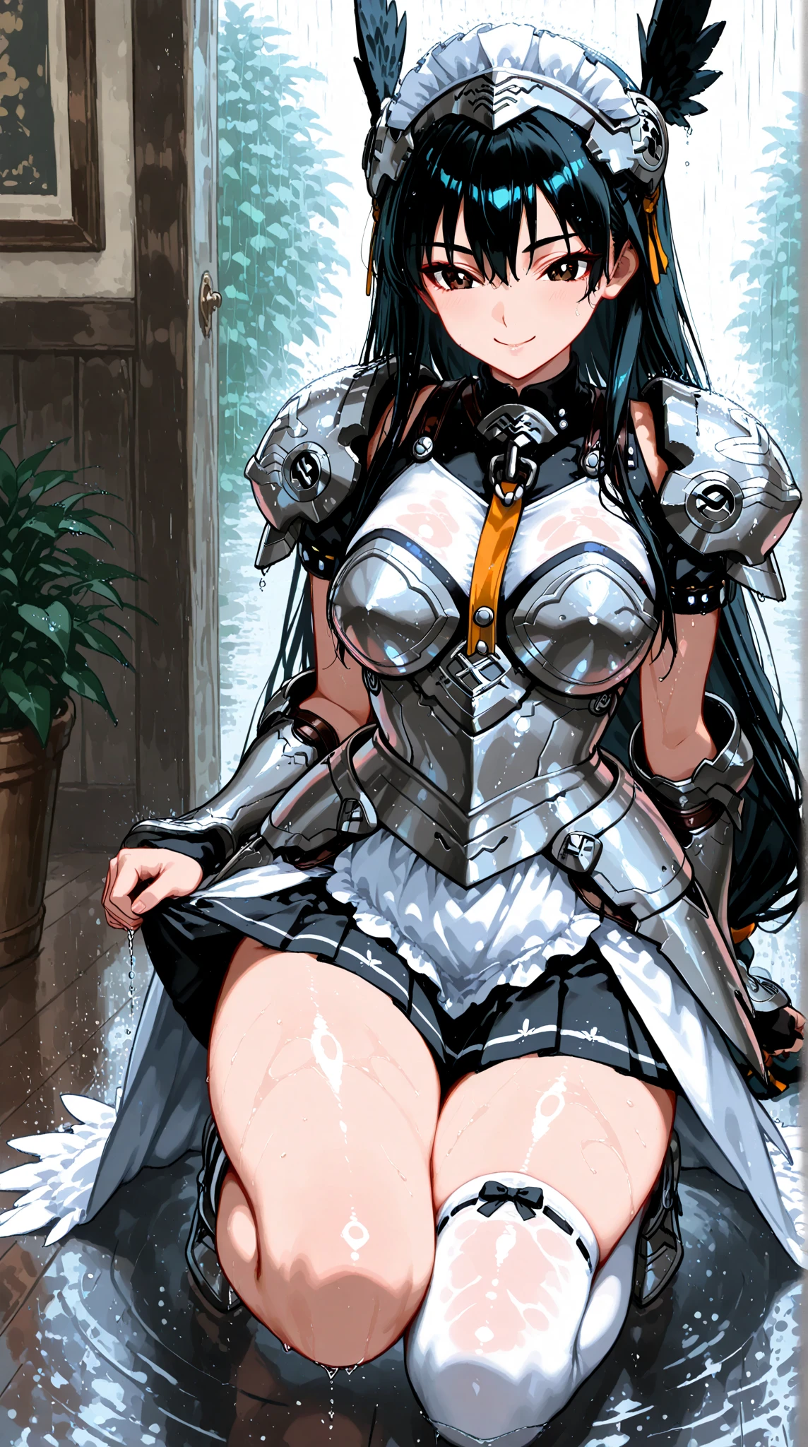 (anime style),masterpiece, best quality, extremely detailed,10Years old,tanned skin,dark skin, Beautiful body,Large breasts,BREAK,multicolored colorful black hair,shaggy hair,long hair,long ponytails hair,BREAK,black eyes,black choker,dignified face,disgust,sensual face,glare at,open mouth,detailed lips,,BREAK,with vertical stripes sweater,tiara,ripped Princess knight heavy armor,micro skirt,break,head tilt,in the woods Night,hands on breasts,up half knee,ivy clinging to the body,arching back,shackles and cords