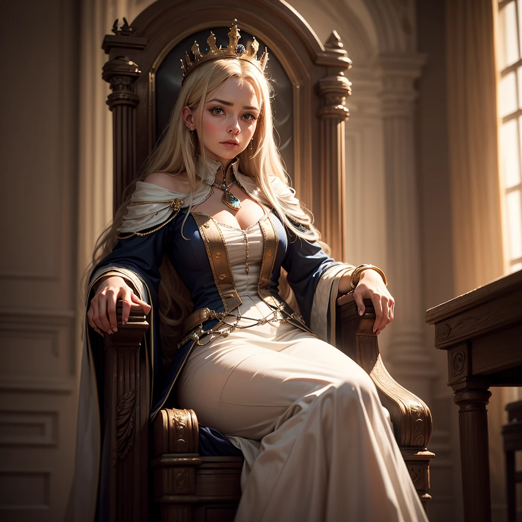 Extremely detailed woman sitting on her throne with reflective diamond details with a dominant pose in front of the stairs, giant and extremely detailed window behind her, with white blacklight, bright blonde hair with bangs, extremely large crown of diamonds, extremely light and bright large blue eyes, freckles, looking down with look of extreme contempt and hatred for the viewer, long, white dress with gold details and red straps, white fuzzy stairs in the middle and red fabric at the ends, with identical gold details in each fold,, extremely strong lighting and shadow on the hair, extremely strong shadow on the face, diamond details,volumetric lighting, unreal render, octane render, perfect face, perfect dress, perfect hands, perfect face, perfect eyes, glamour atmosphere, ray tracing reflections, ray traced, rtx, hdr, sharpen, cinematic, golden hour