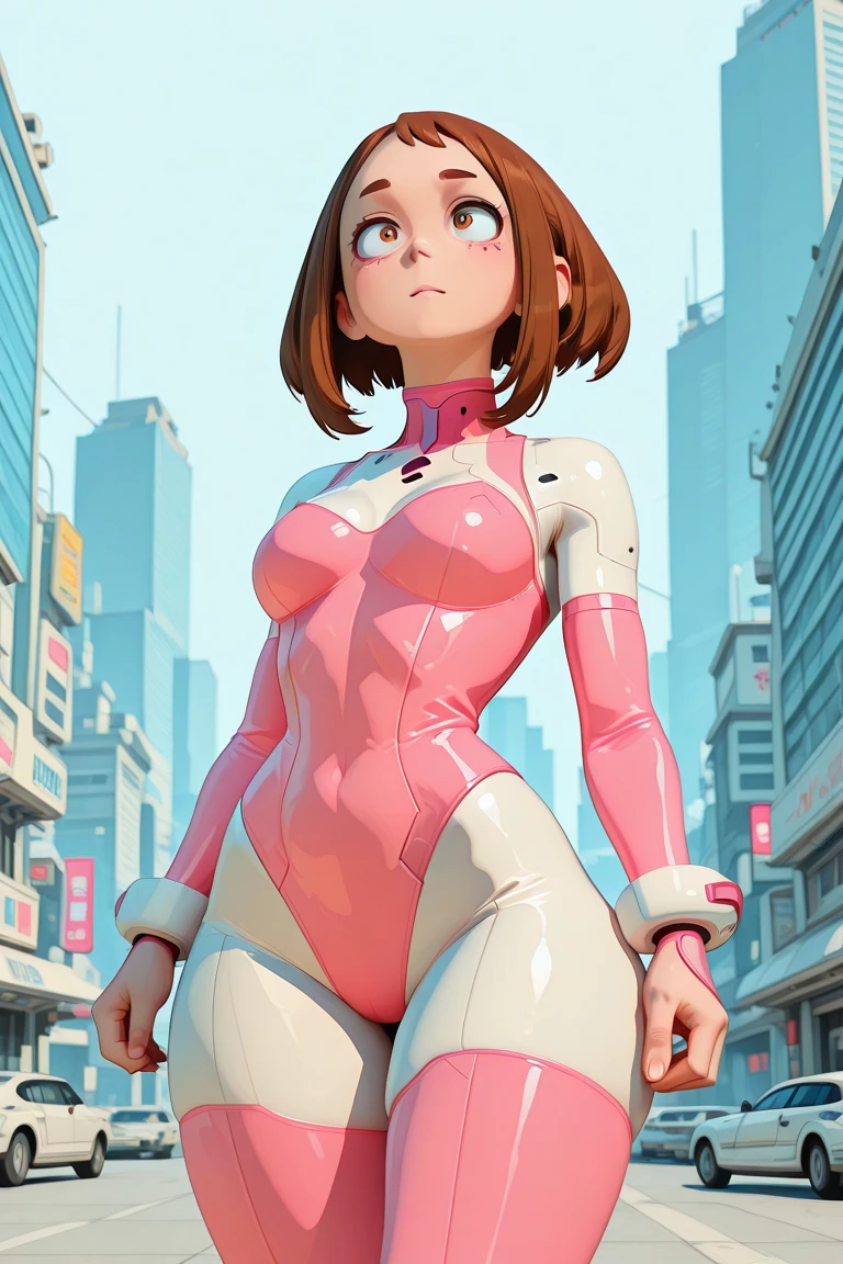 (best quality), (masterpiece), 1 girl, early 20's, huge heavy breasts, busty, perky breasts, thick, thick lips, wide hips, hmochako, blush stickers, short hair, superhero, bodysuit