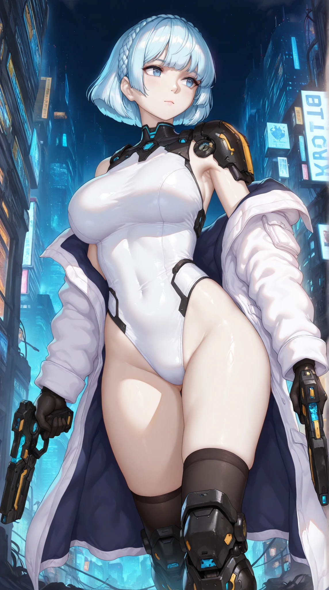 (Cool girl:1.5),(Young girl:1.5),(Black and White girl:1.5),
Top-quality,Masterpiece,Best quality,Ultra detailed,High resolution,8k,Super fine illustration,Detailed lighting,Detile background,Cowboy shot,Denoise,The most world beautiful female,Ultimate beautiful face,Ultimate beautiful eyes,Ultimate beautiful body,Ultimate beautiful hair,(Cinematic:1.3),(Dynamic angle:1.3),(Full body:1.2),
1girl,Solo,
(Medium breasts:1.3),(Very soft breasts:1.5),(Sagging breasts:1.5),(Jet black hair:1.5),(Pure white hair:1.5),(Two-tone hair:1.5),(Multicolored hair:1.5),(Curly hair:1.5),(Curly big twintails:1.5),(Pigtails:1.3),(Pale skin:1.3),(Pure white skin),(Shiny skin:1.3),Areola,Beautiful ass,Plump,Belly,Thick thighs,Wide hips,Skinny waist,Navel,Curvy,(Blue eyes:1.3),(Slender eyes:1.3)
(Black micro bikini:1.5),(See-through bikini:1.5),(Black futuristic long coat:1.5),(Pubic tattoo:1.3),(Black Thighhighs),(Holding weapons:1.3),(Futuristic sword:1.3),(Futuristic gun:1.3),(Put coat over shoulders:1.5),(Cyberpunk decor:1.2),
Half opened eyes,Blush,looking at viewer,
Cyberpunk,Night