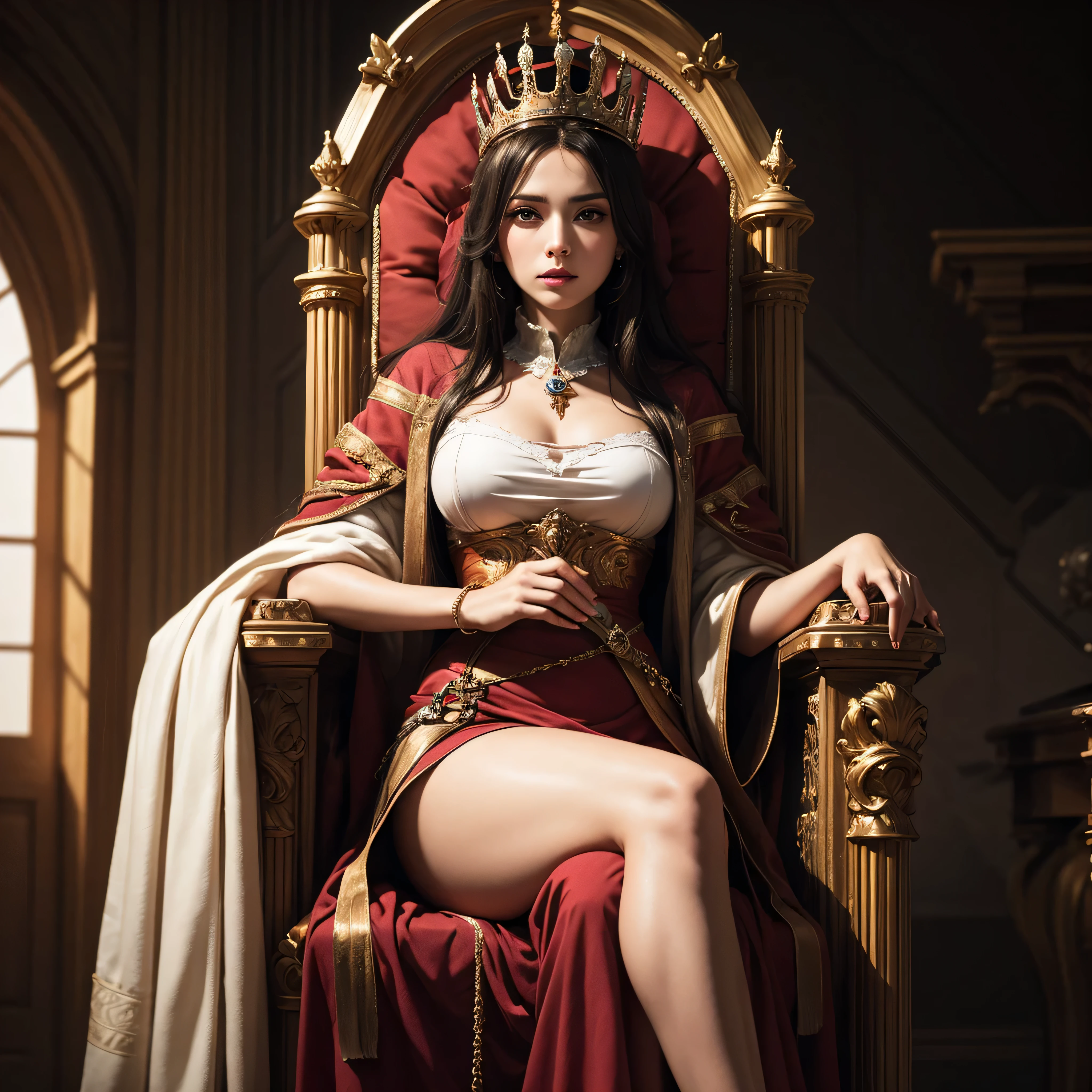 a woman sitting on a throne with a crown on her head, beautiful vampire female queen, beautiful elegant demon queen, a beautiful fantasy empress, ((Big Breasts)), ((a beautiful fantasy empress)), on her throne, portrait of queen of light, charlie bowater character art, sitting on her throne, style of charlie bowater, tom bagshaw donato giancola