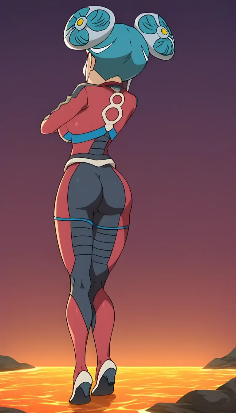 best quality,ultra detailed,solo,1girl,score_9, score_8_up, score_7_up, score_6_up, score_5_up, score_4_up, source_anime, maquia, two-tone hair, aqua hair, aqua eyes, black bodysuit,big breasts, standing sexy pose, (behind view,portrait),full body, standing on lava,heavenly ass, heavenly breasts, big ass, no shoes, wearing white heels, upset, cute, face, long legs, tight bodysuit, tight sleeves, long sleeves, backside