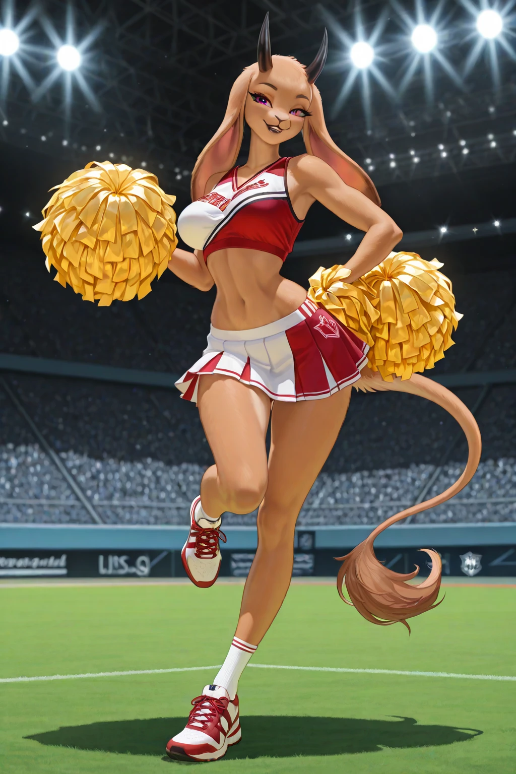 <lora:CheerleaderCL:0.8> CheerleaderCL, pom pom (cheerleading), holding pom poms, stadium, stadium lights, grass, footbal field, cheering, smile, <lora:SSJ4_V1_Beta - Keichi Sensei:0.8> ssj4 girl, rays, muscular, body fur, monkey tail, spiked hair, super saiyan, long hair, black hair