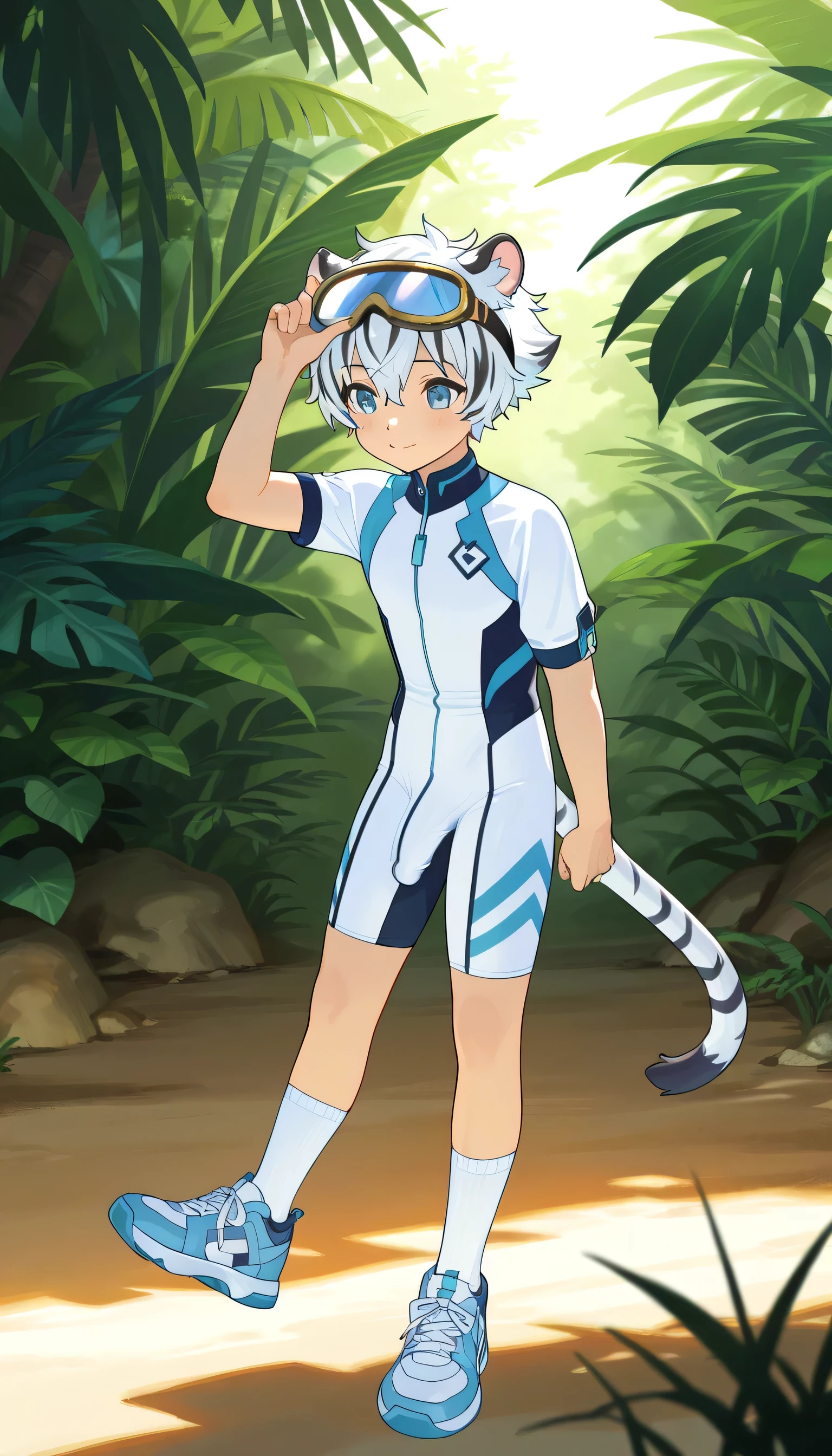 a boy,short hair,cute,一个棕发的穿着白色裤袜的 , wearing goggles on the head, White Tiger Ears ,Masterpiece, best quality ,male focus, ,summer,Short sleeve,cowboy shot,Little Hero,happy,(( white socks)),sneakers, wearing a white bodysuit with a futuristic design featuring blue and white colors along with stylized graphics. The person's left hand rests on their torso, capturing the length of the body. The background shows a striped bedspread and indoor surroundings. Natural lighting softly illuminates the scene from the left, with a calm and relaxed atmosphere.,has vertical bulging erections on his crotch