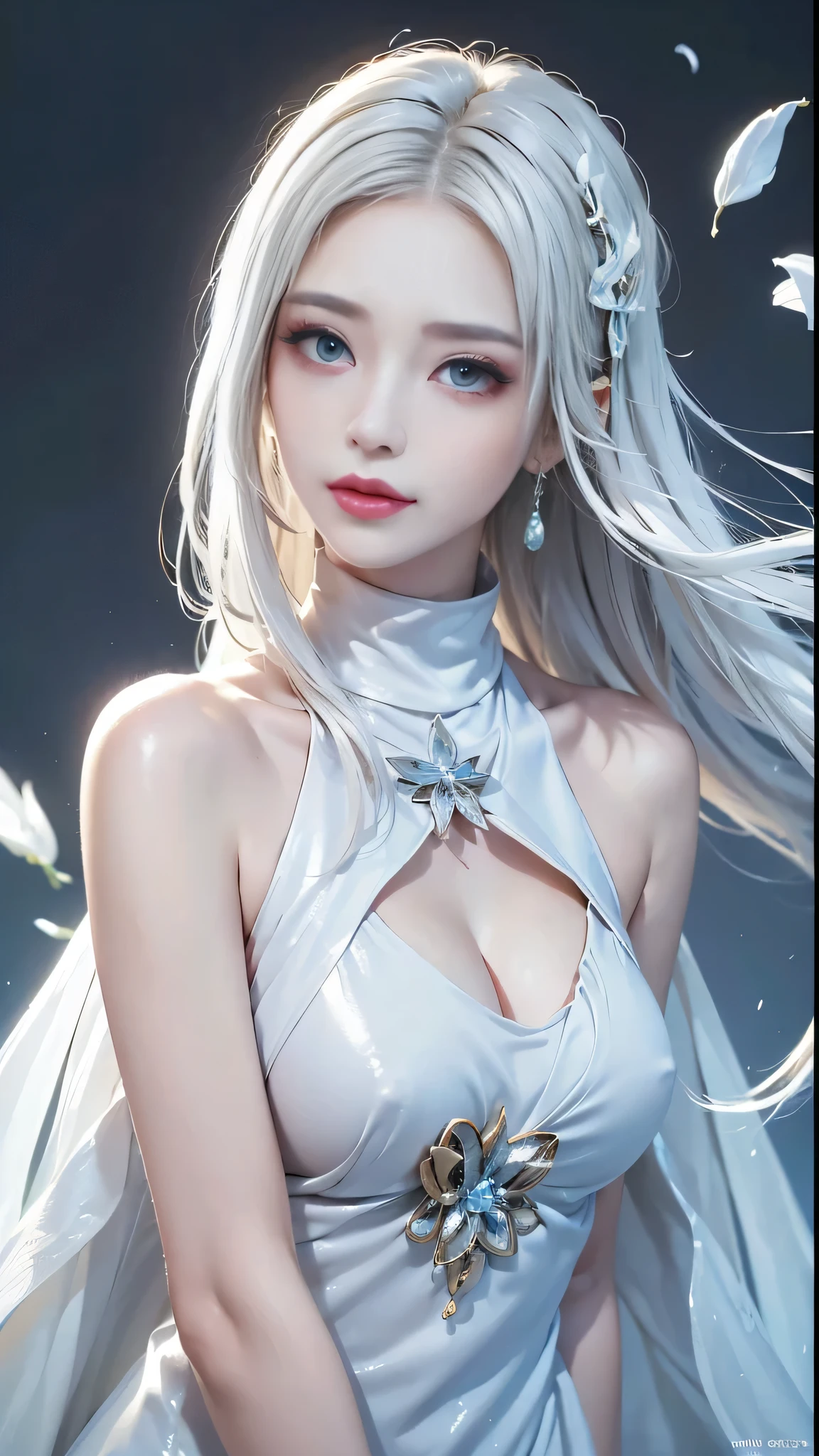 best quality, ultra high res, (photorealistic:1.4), 8k resolution, girl, (silver hair:1.3), (realistic hair:1.2), (Korean girl:1.2), (realistic eyes:1.2), (beauty face:1.3), perfect body, white pale skin, big breast, cleavage, , (eyes looked up:1.3), (wet body and thong:1.2),