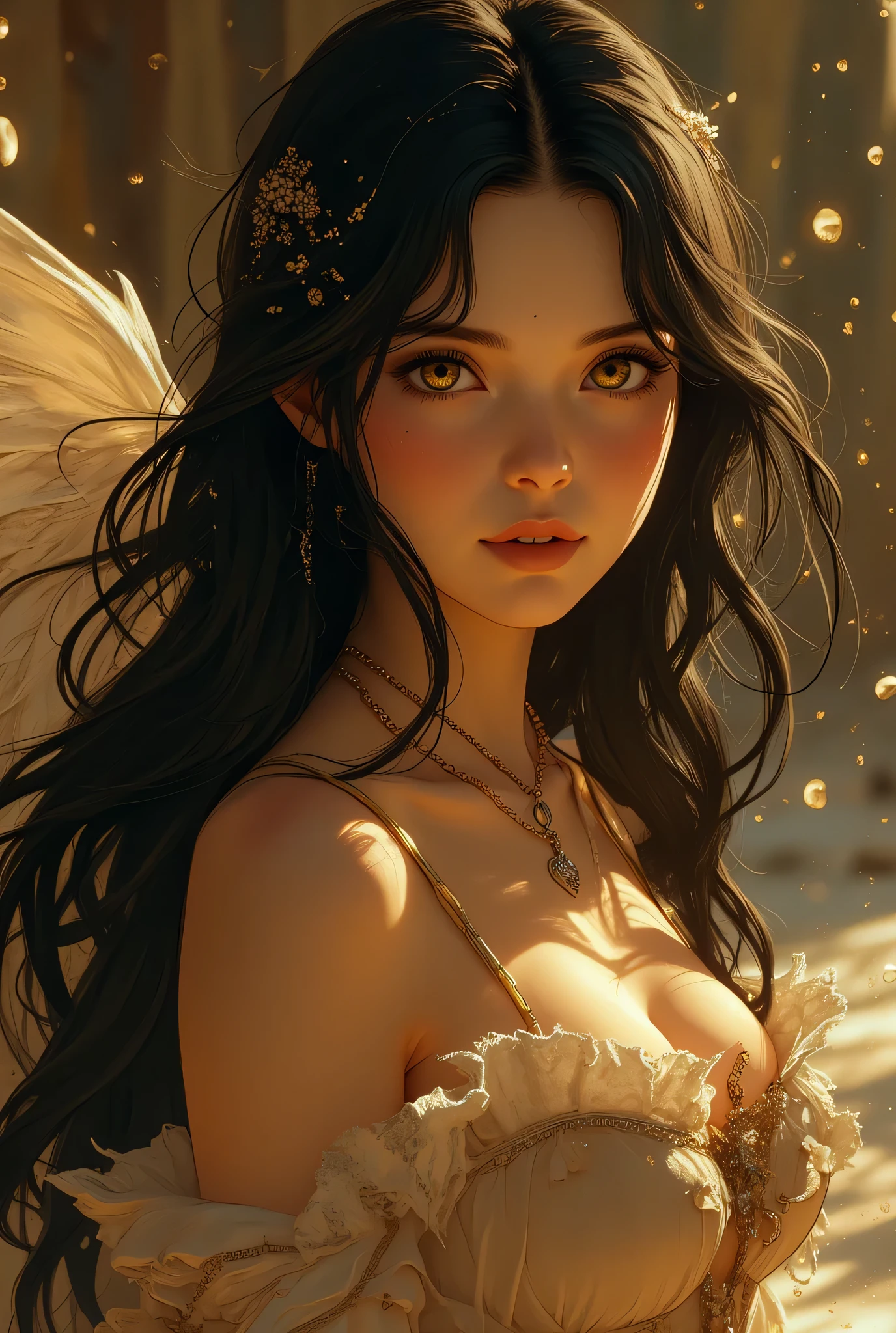 Black woman. Fairy. Brown skin. Long flowing black hair. White dress  Sitting. Chinese animation style. Ultra high quality
