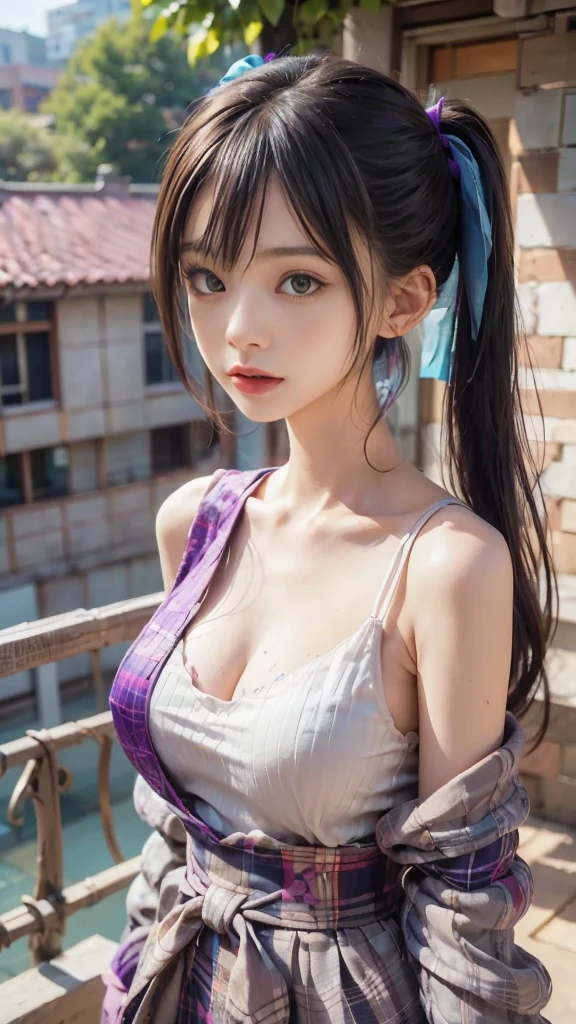 (Best Quality:1.1), (masutepiece:1.2), Portrait, 1girl in, yuzuriha_(jigokuraku), Purple hair, Brown eyes, ninjartist, Open your clothes, cleavage, Small breasts, topknot, Medium Hair, breast apart, white obi, Smirk, Outdoors, (blush:1.1), Flowers (NSFW 1.5)