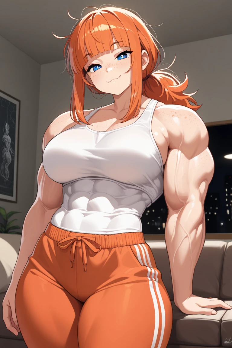 (((masterpiece、Highest image quality、highest quality、highly detailed unity 8kwallpaper)))、((Illustration of one girl))、(((beautiful girl)))、((orange hair、side ponytail、sidelocks:1.2、orange eyes))、(((stocky build, thickset physique:1.3, muscular legs, broad shoulders, solid chest)))、swimsuit、sandy beach