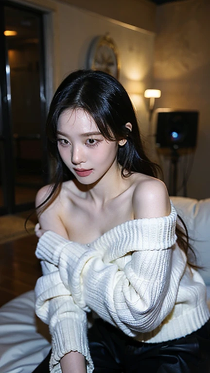 best quality, ultra high resolution, (In reality:1.4),Bao Yu Girl,1 girl, With long curly hair,looking into the distance,huge cleavage,Cropped Red Sweater,Atmospheric feeling,Beautiful woman with a slender body:1.4, Abs,ultra fine face,Exquisite eyes,double eyelid,choker necklace ,bikini