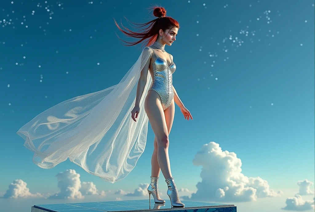 Maison Margiela's Couture Show Movie 'The Creator' (Realistic) translucent skintight suit fashion model Cinematic PUNK ROCK cute red haired teen girl, ((Pole Dancer High Platform Shoes thick Heels)) with bouncing breasts in the style of Tony Sandoval and Geoff Darrow art. Fighting robots in the the clouds. Explosion. (4K image:1.1), (Sharp focus:1.3), Highly detailed, (Attractive young woman:1.3), (Alluring:1.1), (Blush:1.1) (Style-Glass), (()), High resolution, Anti-aliasing, 8k, ((Syd Mead)), Sharp details, ((masterpiece)), (Picturesque) sex android NEON Cinema film-grab.com