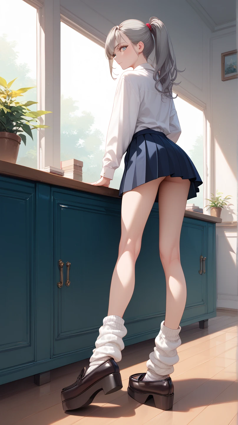 (8k, RAW photo, top quality, masterpiece: 1.2), super detail, super resolution, (realistic, realistic photo: 1.37), shirt showing through bra, short skirt with buttocks visible, very slim figure, small waist circumference, thin legs, woman in black skirt and high heels standing in front of the table, female teacher, wearing thigh and skirt, wearing teacher's uniform, bottom angle, A short skirt with a slit, standing in front of the desk, wearing a miniskirt, in the classroom, back and forth, bent at the waist, with the hips facing us, the hips sticking out in front, leaning forward, in the classroom, looking from behind, trying to enter the door, taking your eyes off, turning around,