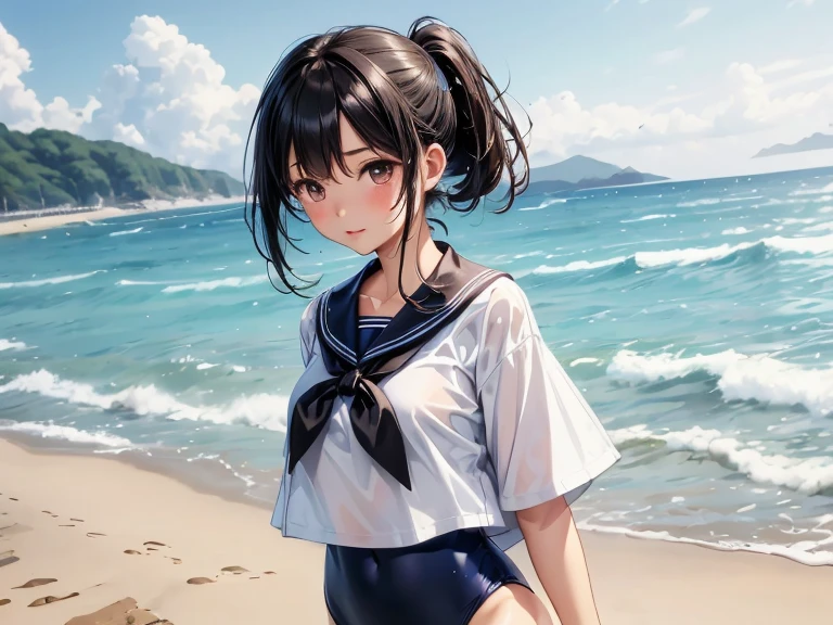 ((panty shot)),((lifting skirt)),((white panties focus)),(low angle,from below),((masterpiece, highest resolution,best quality)), (beautiful illustration), ((semi long beautiful black hair,blunt bangs,pony tail,beautiful eyes)),(solo),(elegant swimsuit, Japanese high ,sailor,mini skirt),(looking at the viewer), (bathing in the sea),(innocent cute laugh,teeth), (cinematic lighting),beach, sand, blue sky, waves, coconut tree,fish,boat,sea gull,