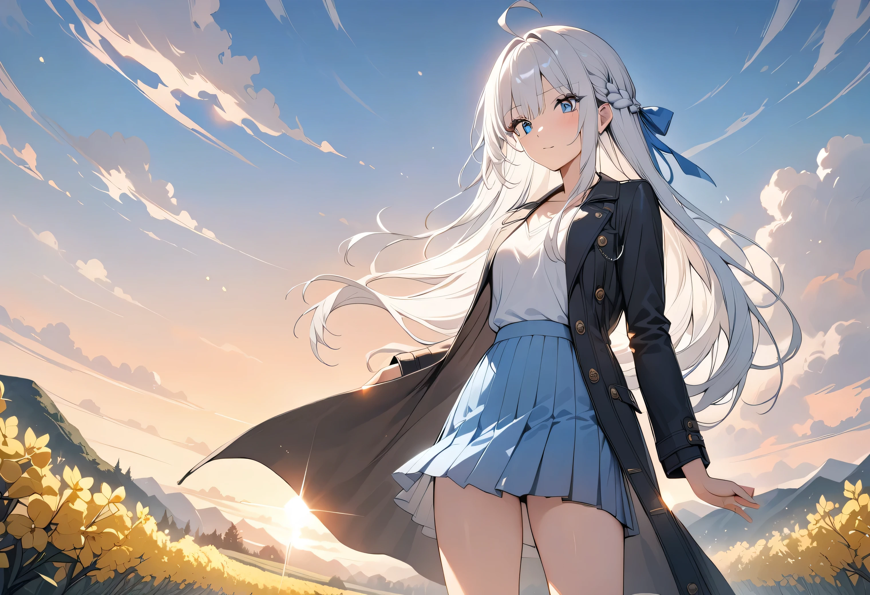 Resolution full, very accurate, best quality, masterpiece, cinematic lighting, full HD, very sharpener, best art, very accurate, forsythia field background, 1girl, solo, cute girl, beautiful and cute girl, white hair, long hair, braid hair, bangs hair, ahoge hair, straight hair, gradient gray and white hair, slim body, beautiful bright blue eyes, white blouse, black coat, long coat, blue miniskirt, perfect legs, standing model, sunset, dusk, evening, twilight, vesper
