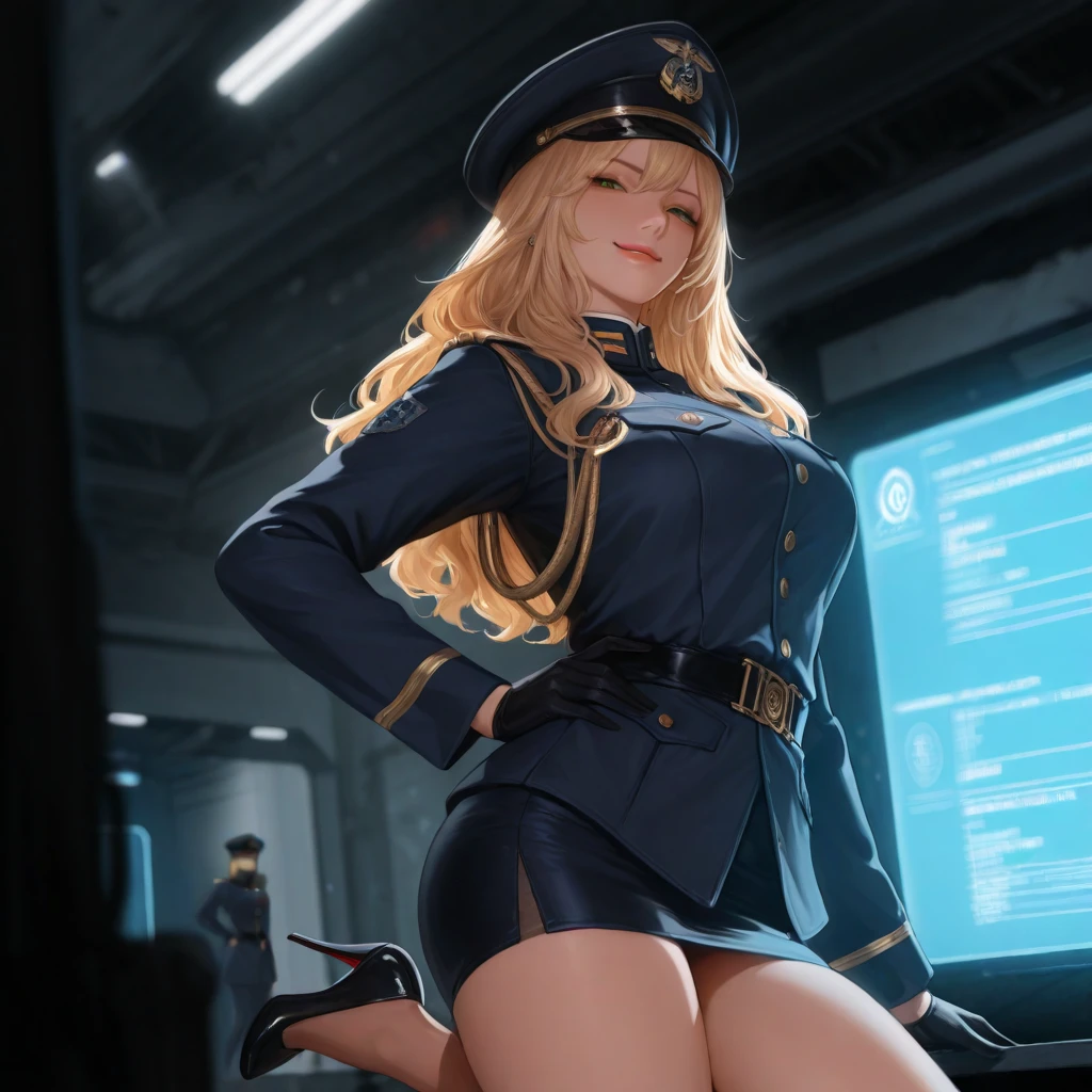 A beautiful woman in military uniform crouching on the floor, mini-tight skirt with slit, cleavage, beautiful breasts, no bra, tie, black thigh-highs, long gloves, peaked cap, unbuttoned uniform, navel, beautiful blonde hair, sniper rifle, best image