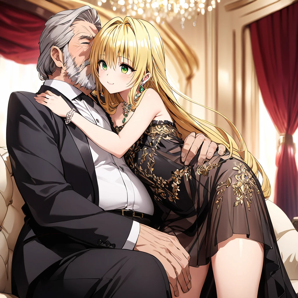 ((Highest quality)), ((masterpiece)), (detailed), （Perfect Face）、The woman is a thief with green eyes, medium-long blonde hair, and is wearing a luxurious black maternity dress with gold embroidery and trim, jeweled earrings, and an engagement ring.、The woman is sitting close to the man on a luxurious sofa in a luxurious room, the couple sitting side by side、The man is a dignified, bearded old man, extremely wealthy, wearing an expensive suit with lavish gold embroidery and trim, and wearing an engagement ring.、the woman is pregnant