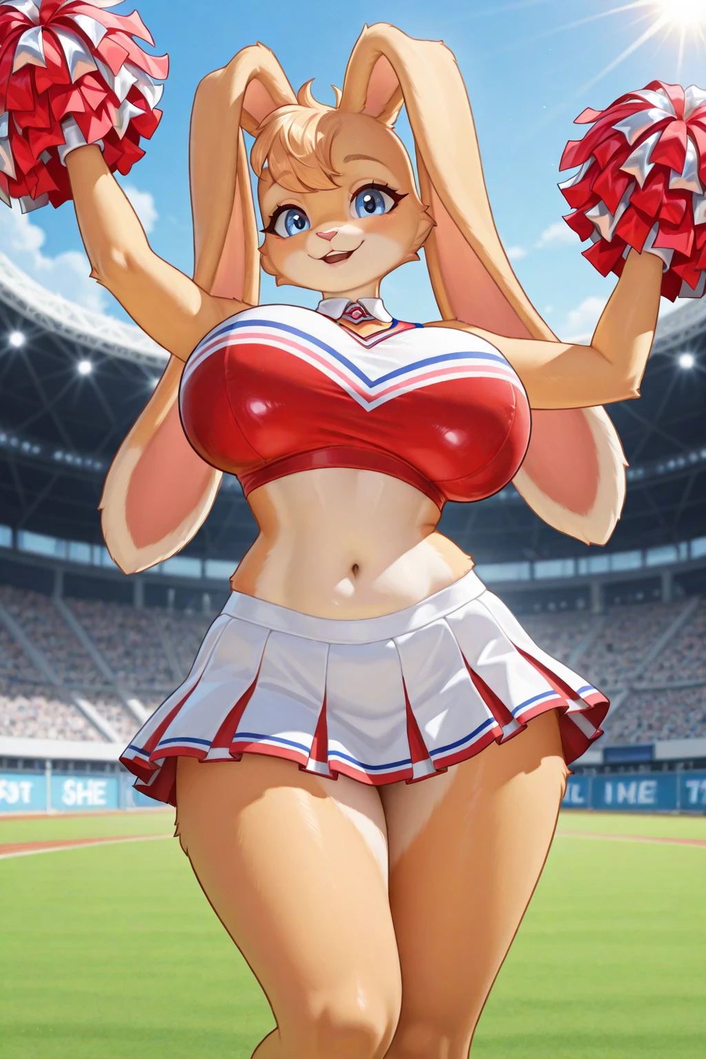 best quality, best resolution, (fluffy anthro furry), arctic fox girl, silver hair, blue eyes, (white fur), long straight hair, big breast, sophisticated manner, (red cheerleader outfit, stockings), posing, school football field, pom poms