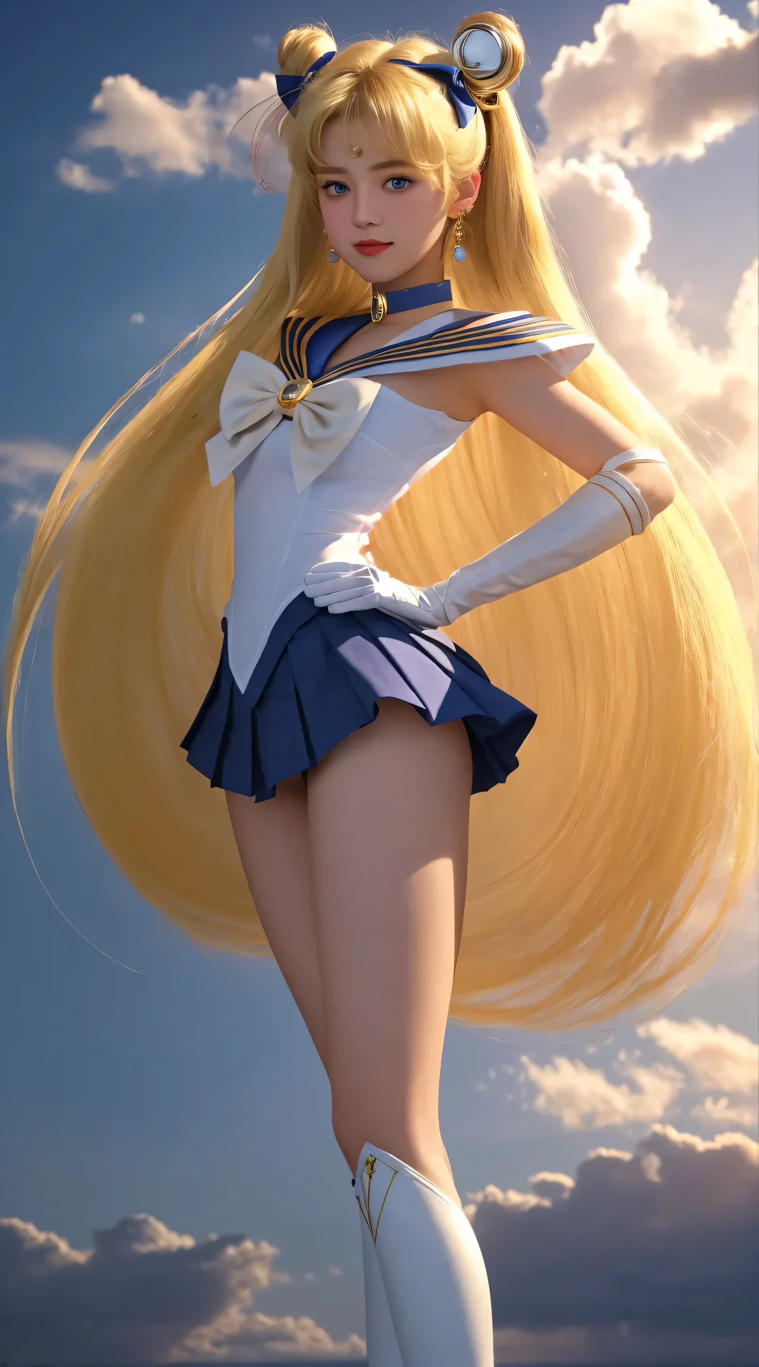 Masterpiece, Best Quality, High Resolution, Venus1, 1Girl, Solo, Sailor Warrior Uniform, Sailor Venus, Minako Aino, Blonde, Magical Girl, Blue Eyes, Orange Skirt, Elbow Gloves, Headdress, Pleated Skirt, Bow, Orange Sailor Collar, Miniskirt, Choker, Red Bow, Orange Choker, White Glove, Extra Long Hair, Jewelry, Earrings, Hands on the Back of the Head, Camel Toes, Black Panties, Orange High Heels, Long Legs, Lace Underwear Panties