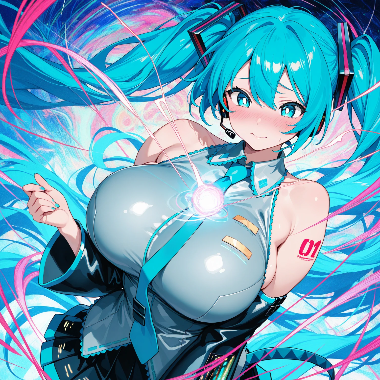 Design a minimalist sticker featuring abstract shapes and colors that represent the fusion of AI and music, perfect for adding a touch of hyperrealistic harmony to any surface. enormous tits
