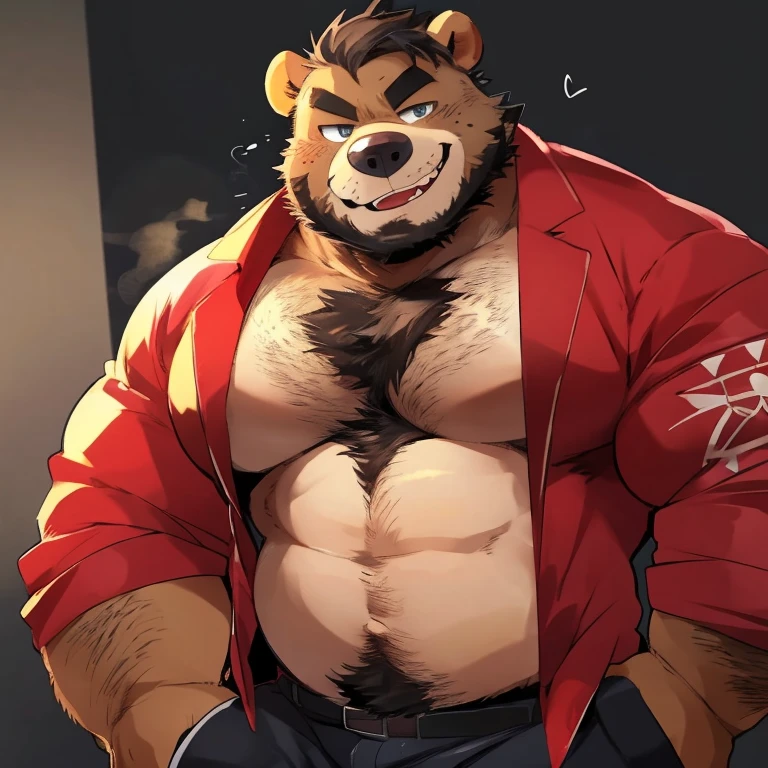 Furry Bear, Kemono, Goggles, Wears a Harness, Loincloth, Hairy body, Pectorals, Erect nipples, Muscular fat man, Large bulge, chubby,