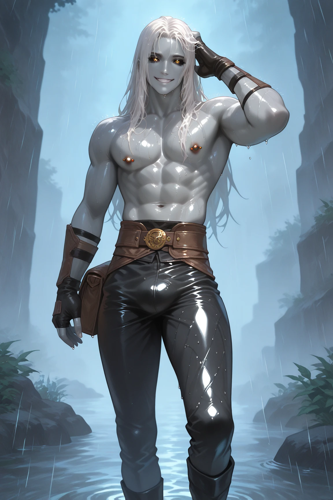 (masterpiece, best quality), man, wearing micro thong, see-through thong, penis sticking out of thong , mushroom water world, wide angle, athletic body, male, iridescent skin, flat chest, silver eyes, green hair styled in spikes, determined expression, bioluminescent lighting, small waist, broad chest, big mane, slim scruffy, muscular , illustration, watercolor ink sketch, (best quality)), intricate detailed,solo, masterpiece,