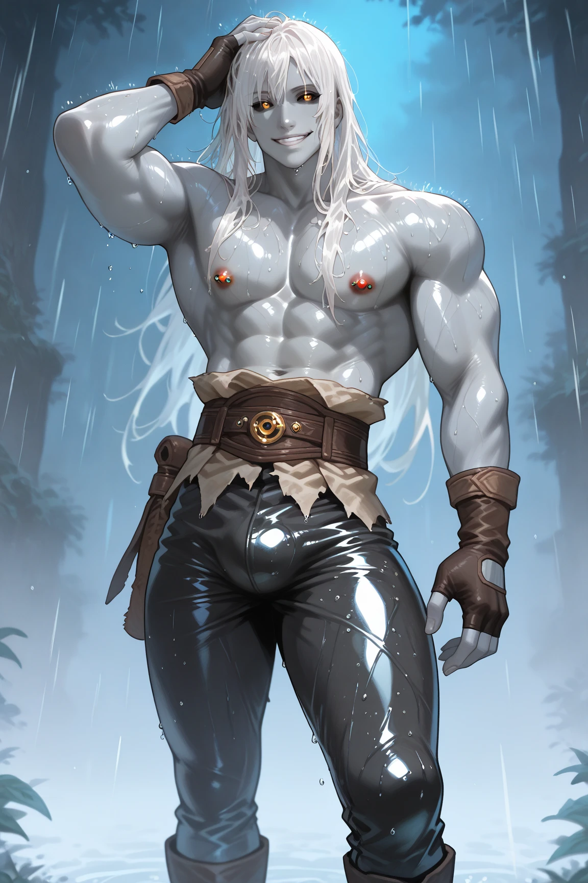 (nsfw:1.2), nude, (extremely detailed CG unity 8k wallpaper, masterpiece, best quality, ultra-detailed), best lighting, best shadow (very strong, giant, muscular God Poseidon), kind expression, squatting at the edge of a pool, legs open, topical paradise, gushing water, volumetric lighting, full body visible, old warrior, detailed face, warm smile, battle scars, glowing eyes, long white hair flowing in the breeze, tropical flowers, Florida, dripping wet body, looking up at me, tan skin, oiled up muscles, (huge cock:1.2), anime, hugest man ever,