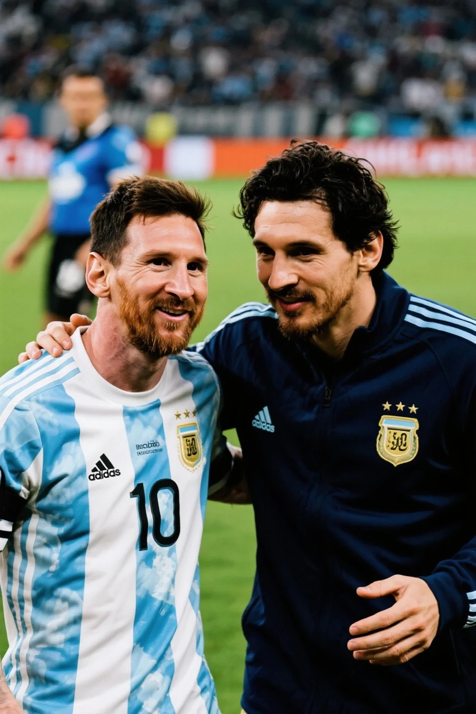 James Rodríguez Colombia team number 10 yellow shirt and Lionel Messi argentine national team number 10 blue shirt kissing