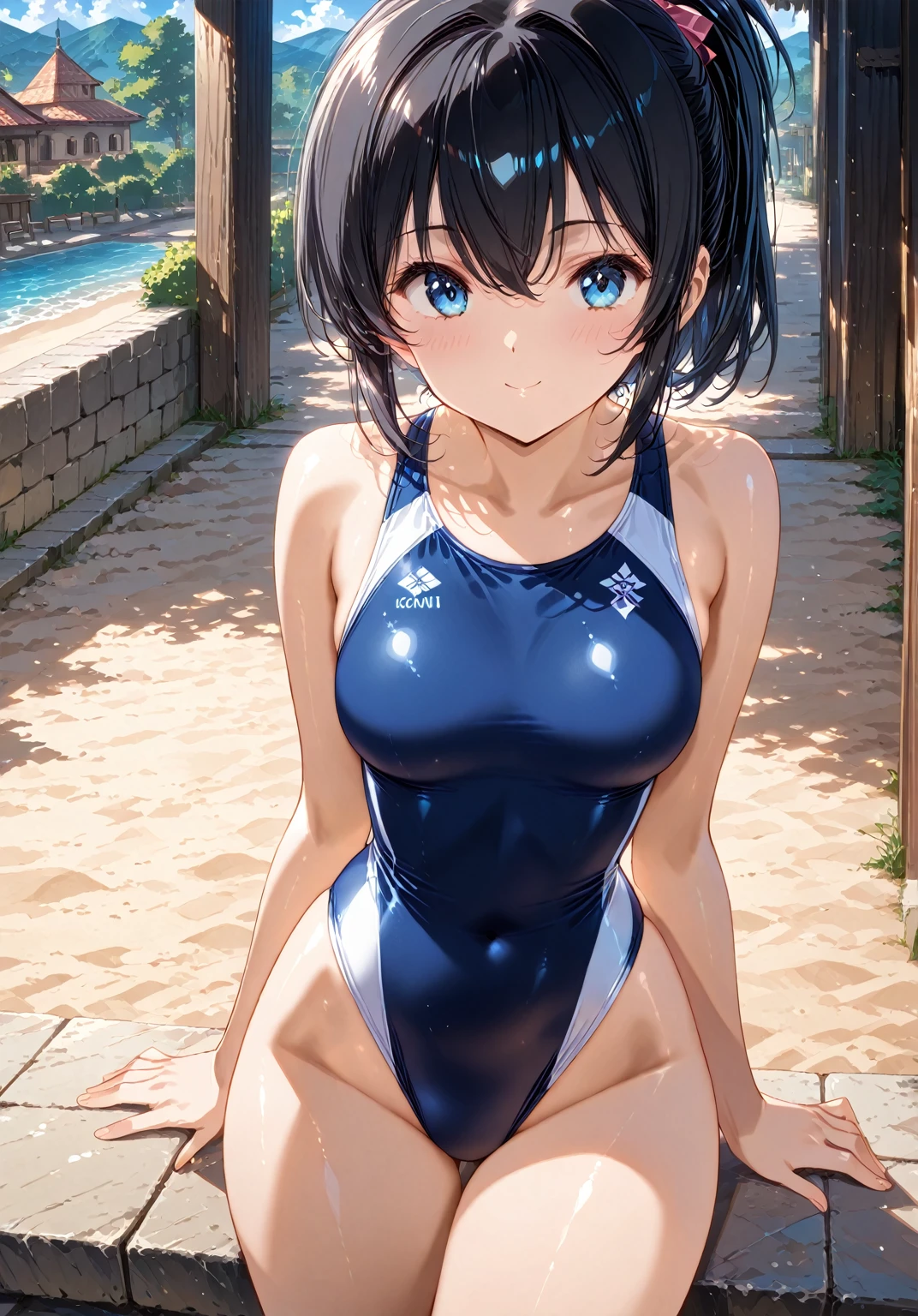 ((old school swimsuit、from below:1.3))、absurderes、detailed hair、Flat Lighting、sexy pose、best quality、intricate detailed、Hyperrealistic、perspective, highly detailed, detailed background, illustration、1 girl、 body shape、small breasts、short stature、ponytail、sitting、Dynamic pose、blush、embarrassed
