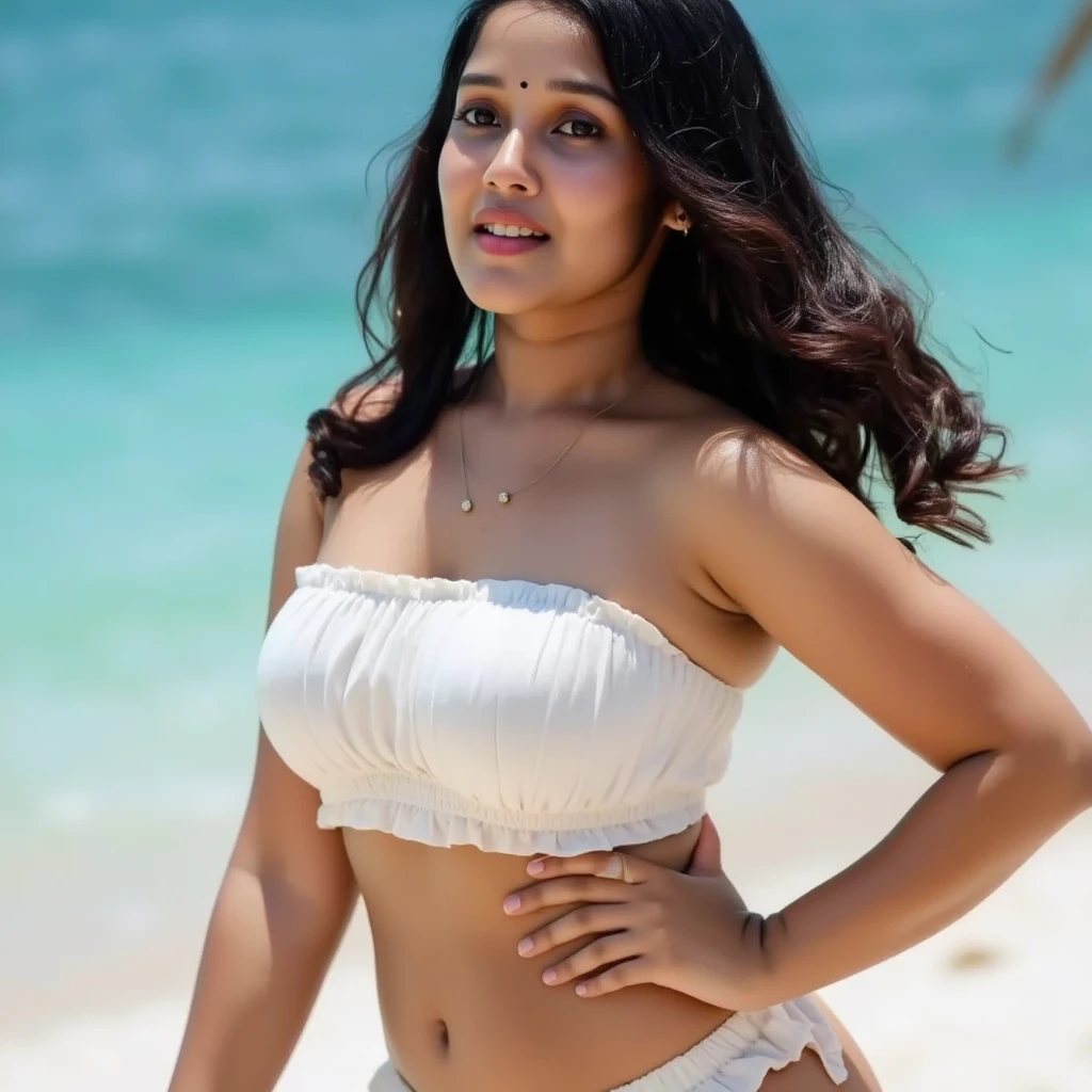 Indian model lookbook curvy Plus size wearing white saree beach background 8k,
