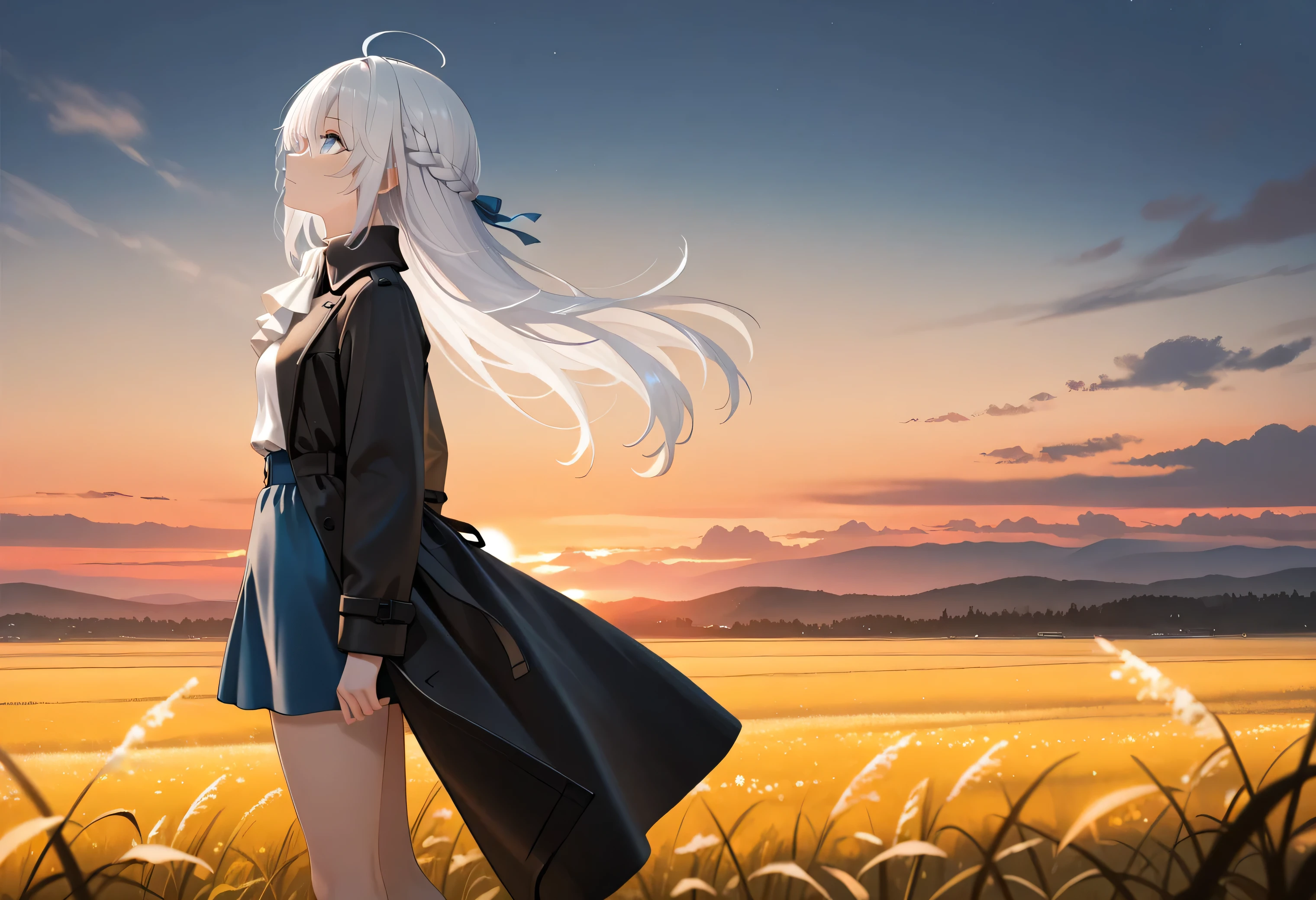 Resolution full, very accurate, best quality, masterpiece, cinematic lighting, full HD, very sharpener, best art, very accurate, forsythia field background, outdoor, 1girl, solo, cute girl, beautiful and cute girl, white hair, long hair, braid hair, bangs hair, ahoge hair, straight hair, gradient gray and white hair, side view, looking up teh sky, slim body, beautiful bright blue eyes, white blouse, black coat, long coat, blue miniskirt, perfect legs, standing model, sunset, dusk, evening, twilight, vesper