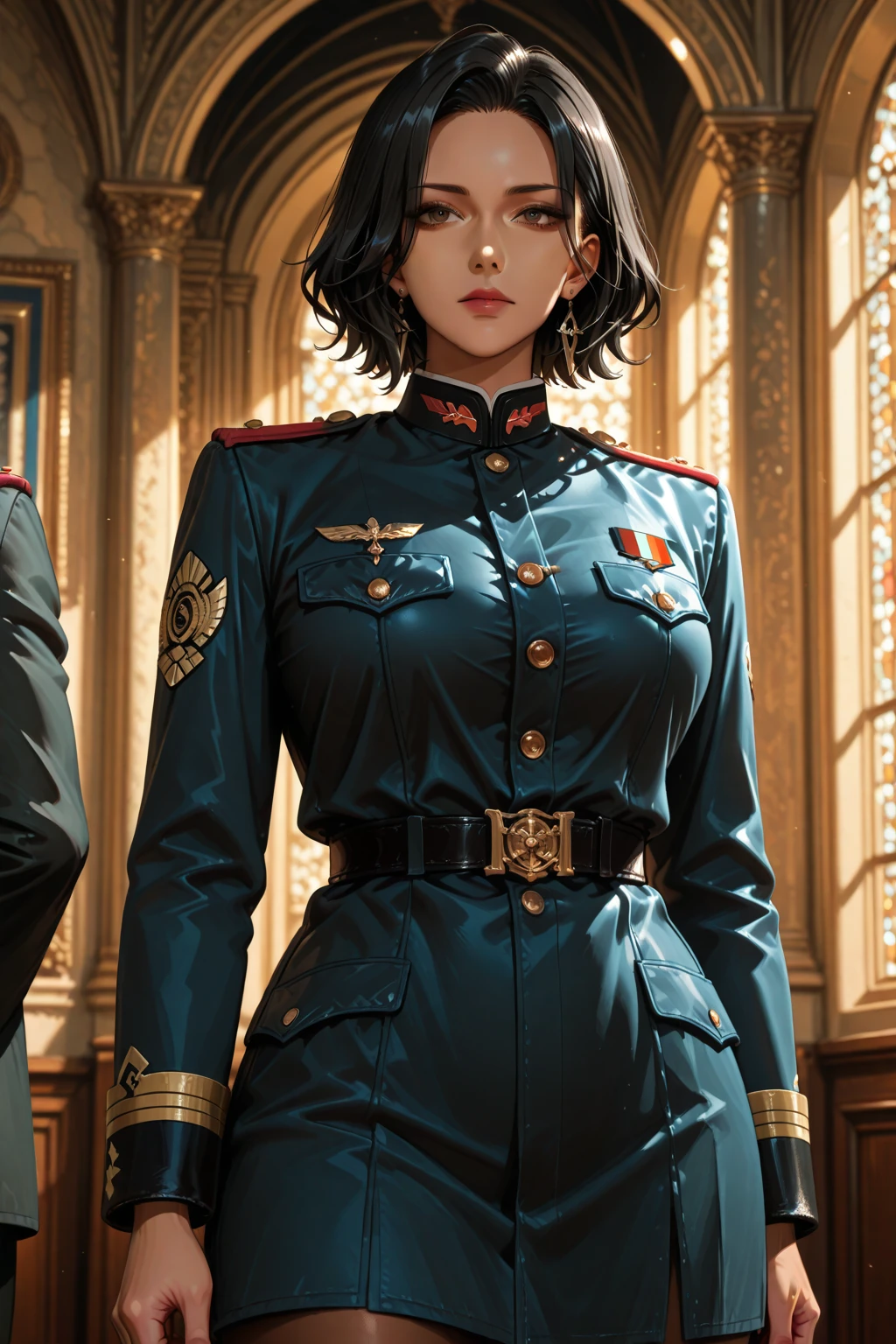 Very detailed promotional poster，Very detailed CG unity 8K wallpaper，（tmasterpiece），（best qualtiy），（ultra - detailed），（Ultra photo realsisim），（best character detail：1.36），Nikon D750 f / 1.4 55mm，profesional lighting， physically-based renderingt, 1girll, Female soldier，army suit，Dark green military uniform，Fabric texture military uniform，Pure white lining，Dark green tie，Black hair，the golden ratio,[:(com rosto detalhado:1.2):0.2]:,PureErosFace_V1, broad shoulder,(Bigchest:1.5),(big assa:1.5)，Soaked with sweat，red flags，Place your hands on your chest，  Small flag，Flag of China，