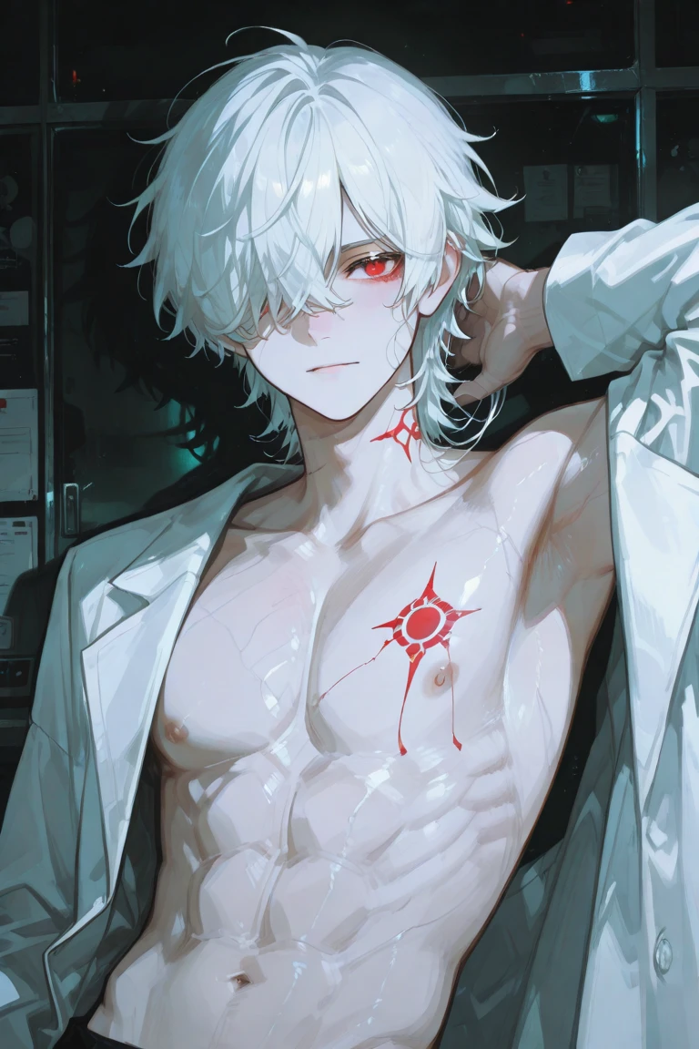 male、White Hair、Short Hair、Red Eye、Cold-blooded man、Handsome、Well-built、Cold Face、Well-formed face、Semen dripping on clothes、White, sticky love juice、Pants got wet、Overflowing from the crotch、Red stained ears、Looks like he&#39;s in pain、