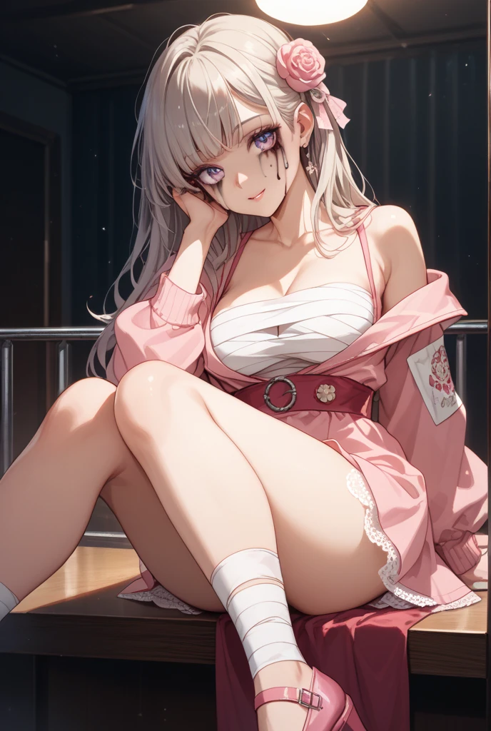 ((( 4k image)))1 woman, full body, in public square, hot nurse, silver hair, wearing white apron with pink details, open apron, squatting with legs open without panties showing her pussy (ultra realistic), without a bra showing her breasts, showing her pussy, little pubic hair, pink pubic hair, slightly pink white skin, beautiful lips, perfect mouth, pink eyes, wearing red sandals, perfect little feet, pink painted nails, holding a clipboard in one hand (long pink nails), holding a syringe in the other hand, orgasm face, clear liquid running down her pussy.
