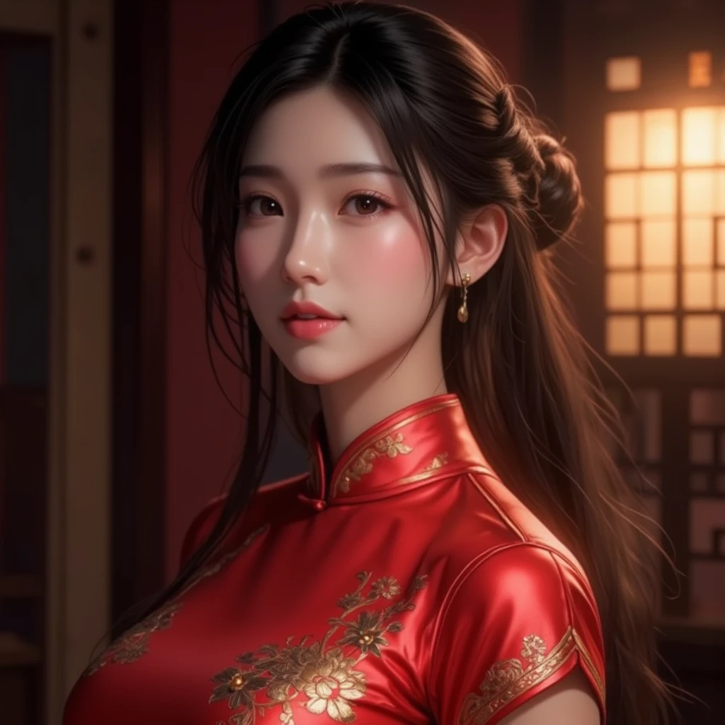 Create an image of a beautiful woman wearing sexy traditional Chinese pajamas. She has a slender face, sharp eyes, long hair, an angled face, a high nose, thin lips, a chest size of 32 inches, a waist size of 24 inches, hips size 33 inches, her skin is bright and white. she has brown hair She has pink nipples Her body was slim and muscular like an athlete. And she was sitting with her legs spread open showing her very attractive ????????.