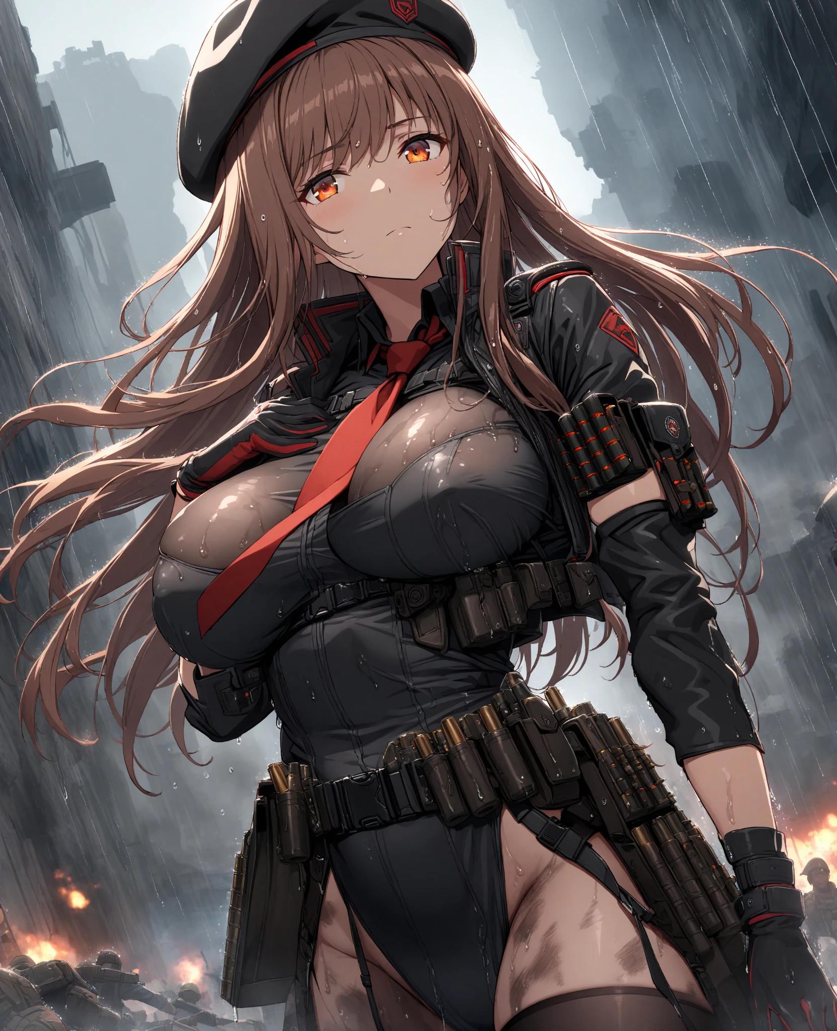 1girl,Zuikaku,gigantic breasts,superhero pose,standing in ruined city,(8k),scratches,detailed face,brown hair,yellow eyes,very long hair,embarassed,small smile face, side ponytail,orange eyeshadow,hair ornament, high_res, high_definition,the battlefield, (Captain America Custom 1:1),