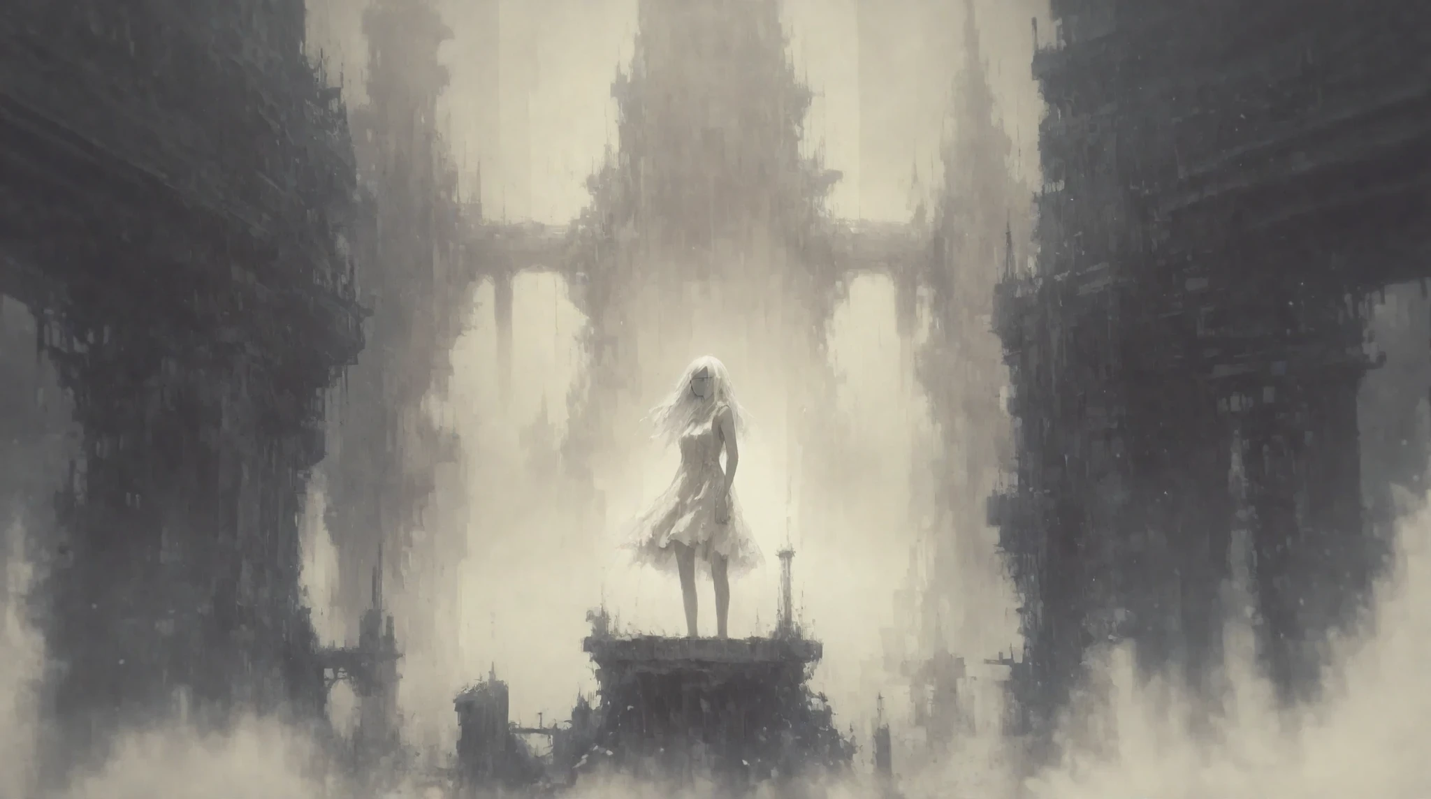 1girl, solo, white hair, long hair, silver hair, eyes closed, peaceful expression, white dress, sleeveless dress, standing, heavy rain, downpour, stone architecture, ancient ruins, monochrome, grayscale, ethereal, dreamy atmosphere, soft lighting, dramatic lighting, melancholic, serene, fantasy art, concept art, minimalist, atmospheric, wet clothes, rain effects, tranquil mood, mystical, high quality, detailed, masterpiece, anime style,mirage art, sepia theme,