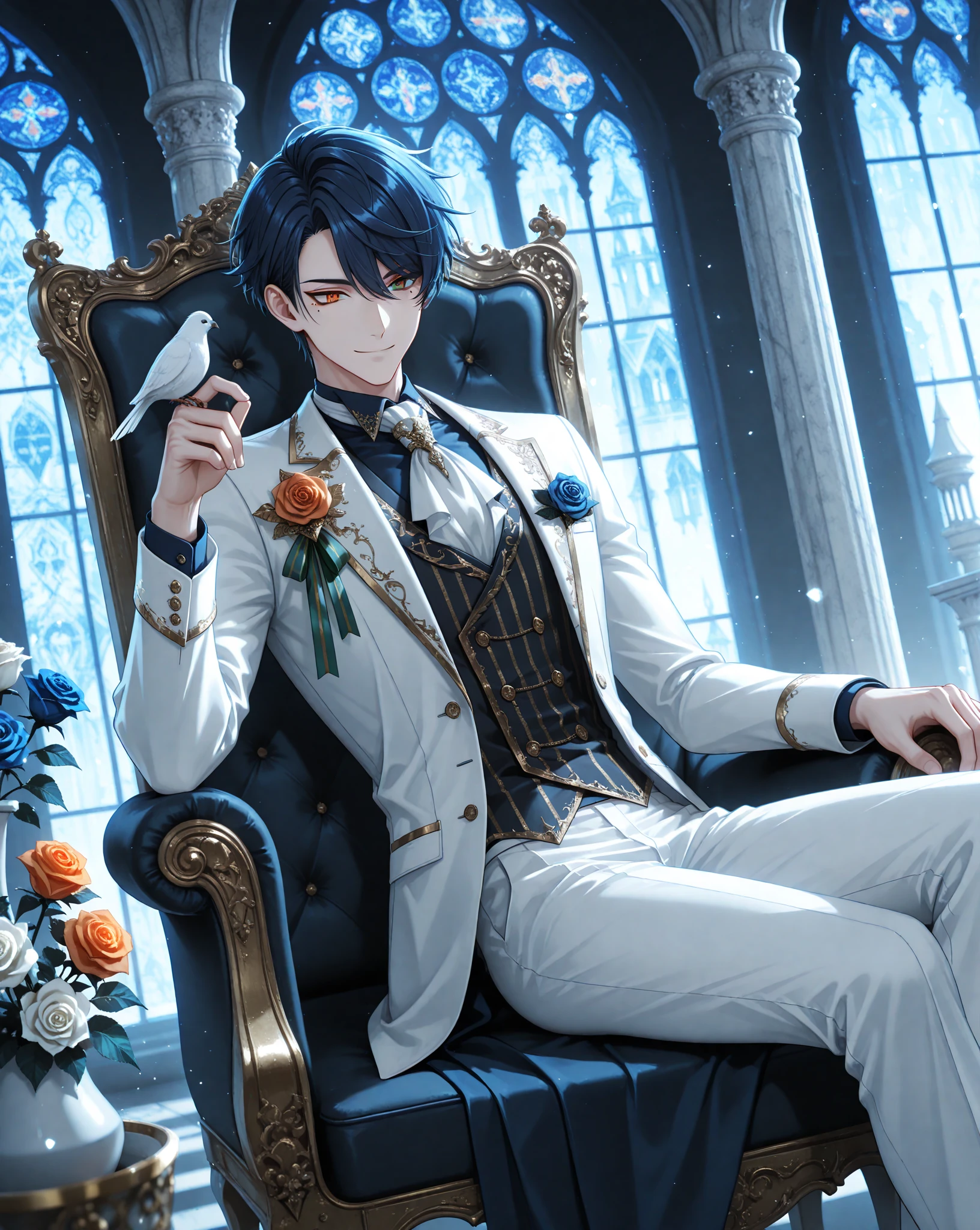 male fantasy clothes, fantasy fashion, intricate fashion, cool, stylish, fantasy style man, cool fantasy style man, stylish man, handsome man, 1boy, male focus, bishounen, heterochromia, orange eyes, green eyes, tsurime, mole under eye, swept bangs, short hair, dark blue hair, gold trim, buttons, boutonniere, white ascot, striped ribbon, dark blue, green ribbon, peaked lapels, striped vest, vertical-striped vest, black vest, suit jacket, white jacket, white pants, solo, dutch angle, feet out of frame, looking at animal, bird on hand, smile, closed mouth, sitting on throne, backlighting, shadow, orange rose, white rose, red rose, blue rose, flower pot, white bird, window, stained glass, pillar, column, indoors, light particles, white theme, dark blue theme, cinematic, depth of field,