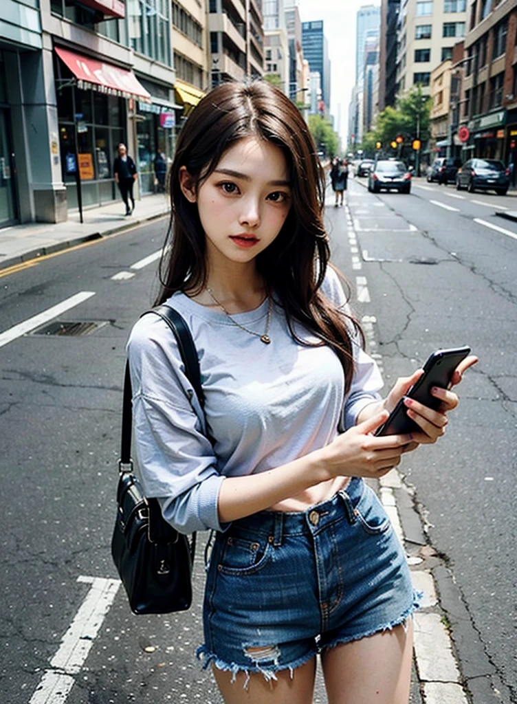 Beautiful woman, fiddling with cell phone in the middle of the street, short clothes